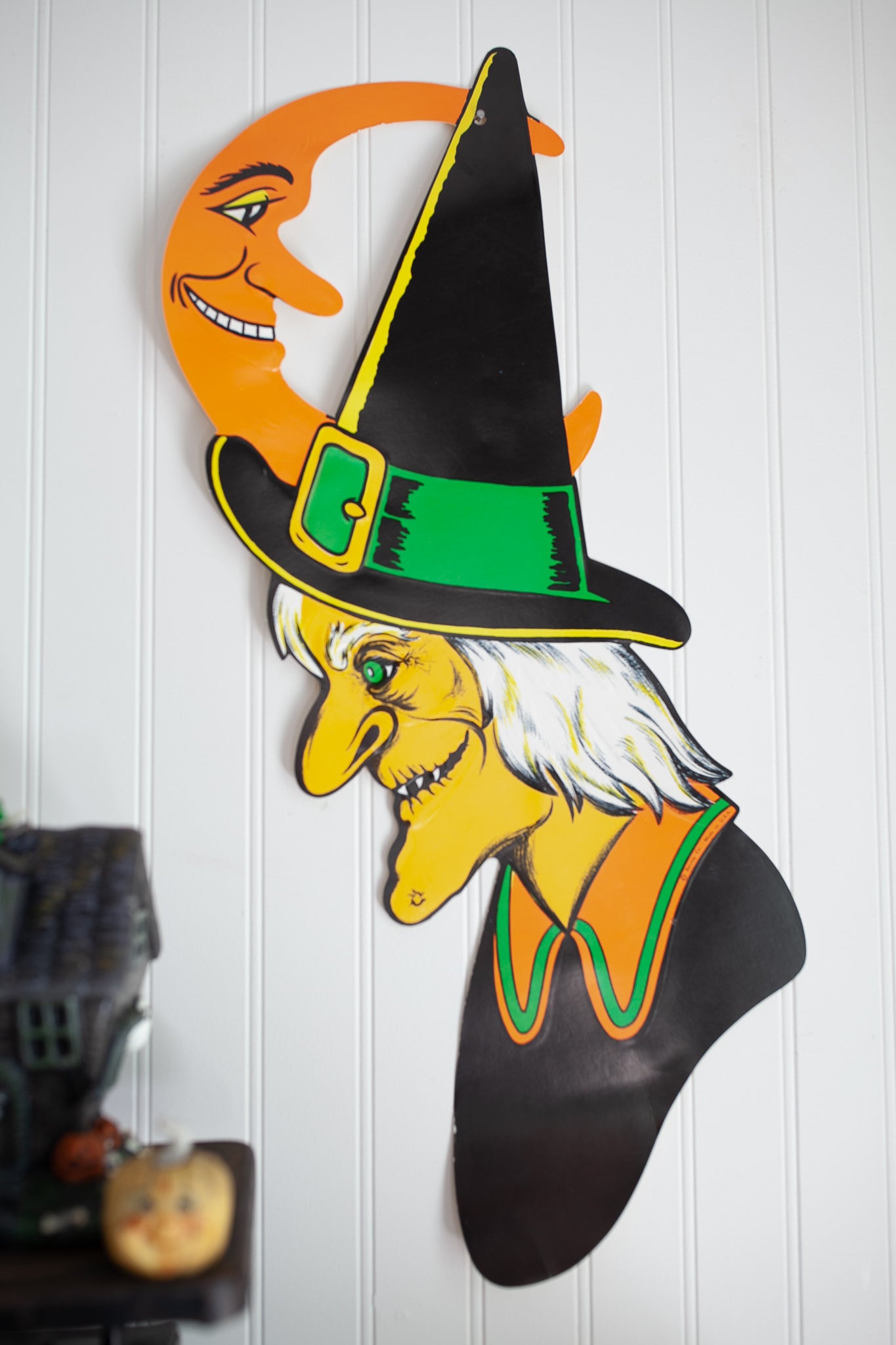 Vintage Halloween- Vintage Halloween Witch Grinning Half Moon, Large Die Cut, Beistle Co.