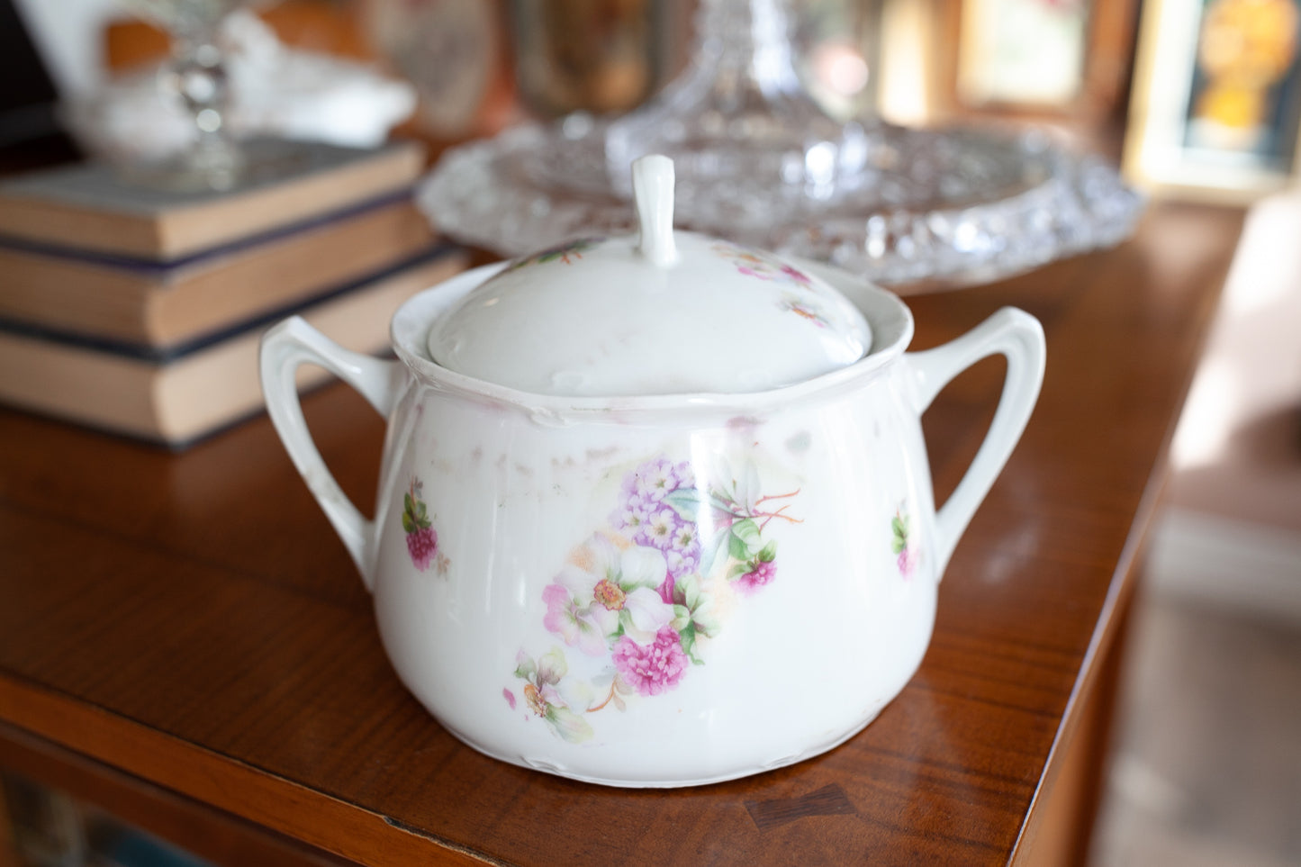 Vintage Biscuit Jar - Transferware Lidded Jar with Florals -Floral Jar