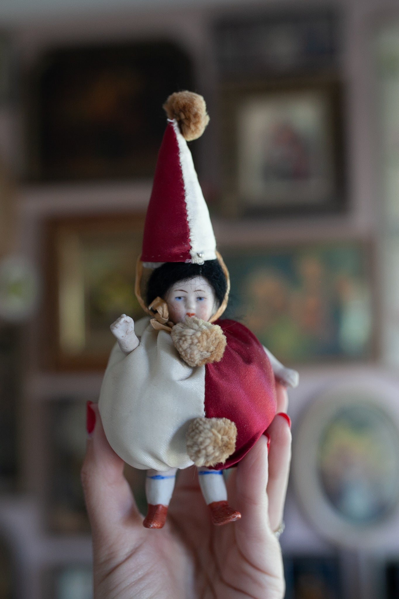 Antique German All Bisque Doll - Dressed in a silk Clown Suit