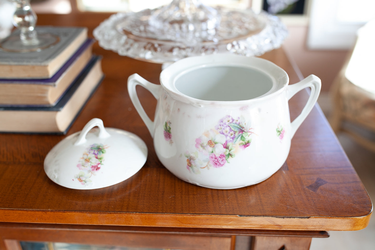 Vintage Biscuit Jar - Transferware Lidded Jar with Florals -Floral Jar