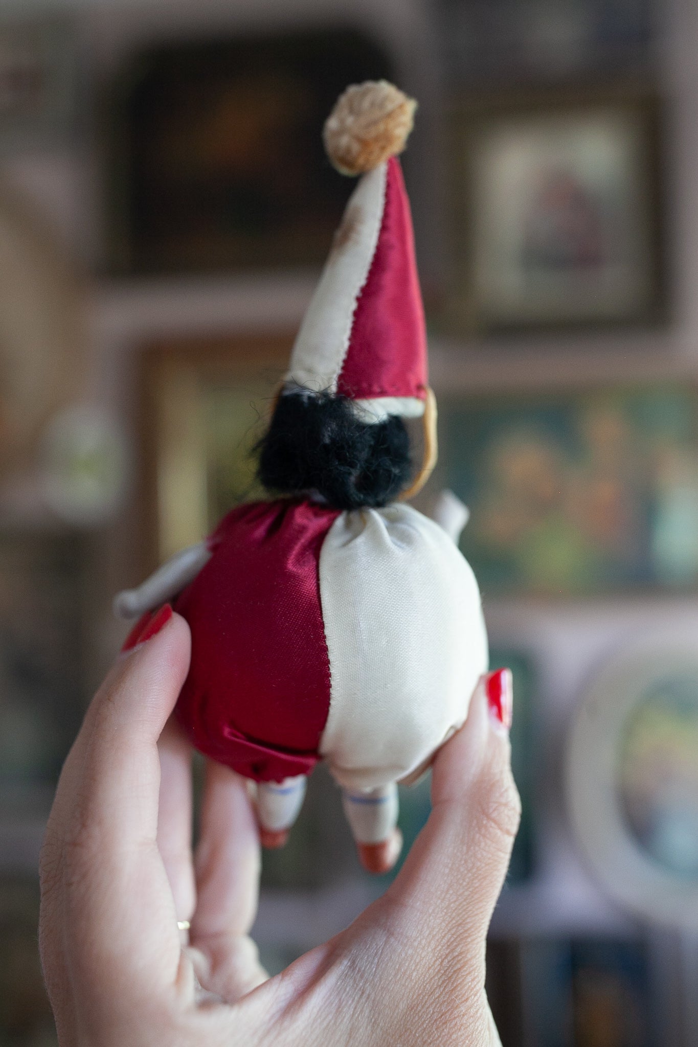 Antique German All Bisque Doll - Dressed in a silk Clown Suit