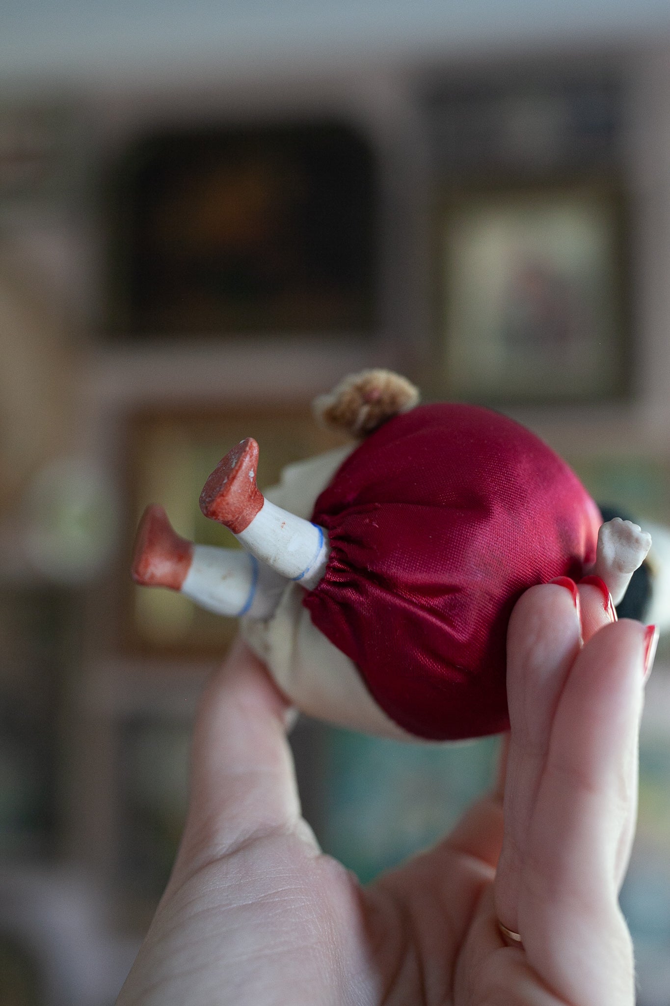 Antique German All Bisque Doll - Dressed in a silk Clown Suit