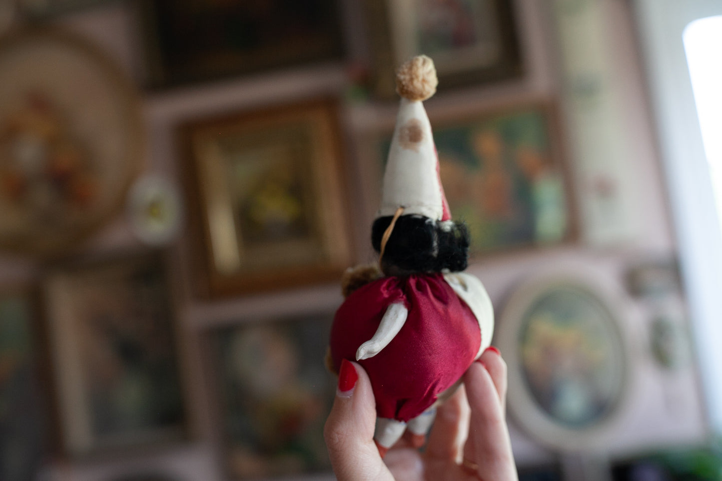 Antique German All Bisque Doll - Dressed in a silk Clown Suit