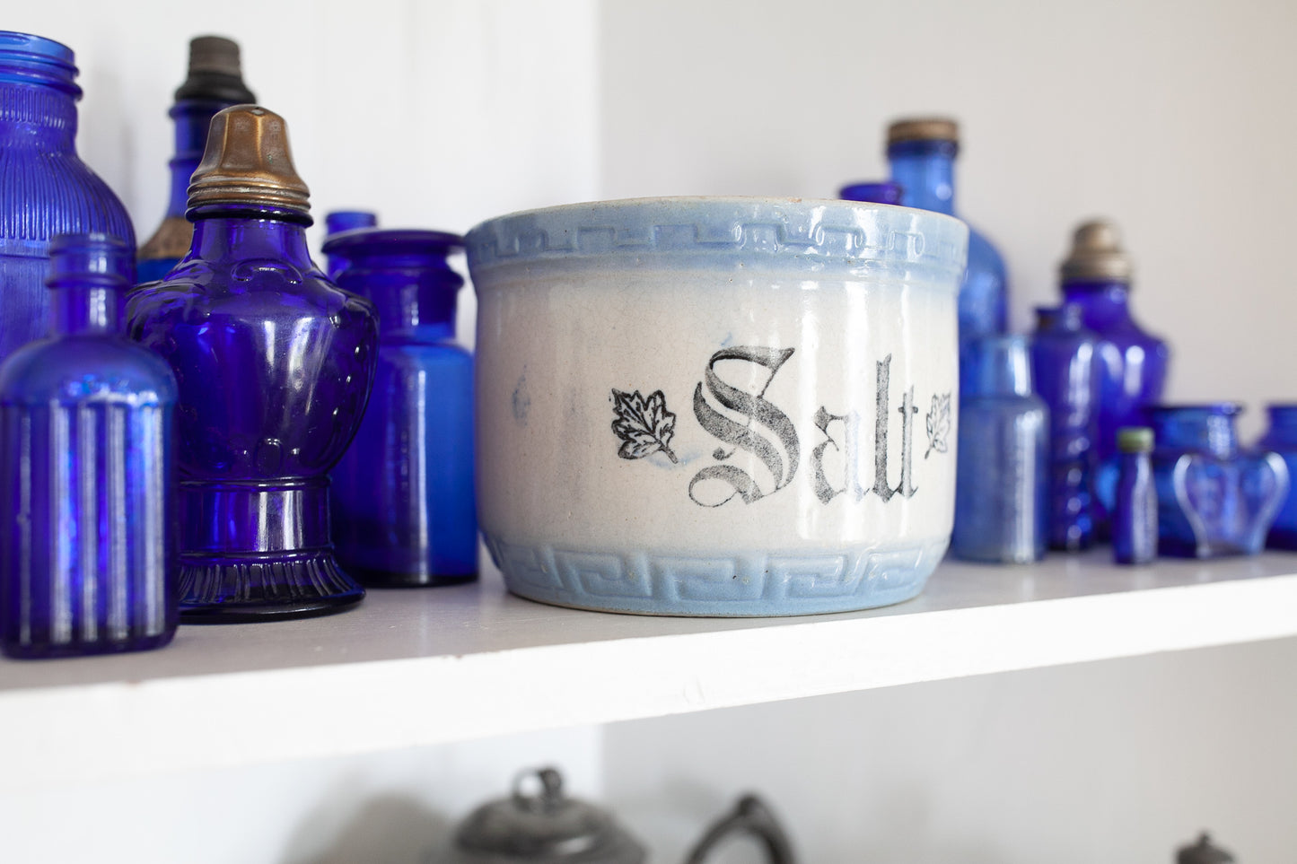 Antique Salt Crock - Salt Stone Bowl - Blue and White