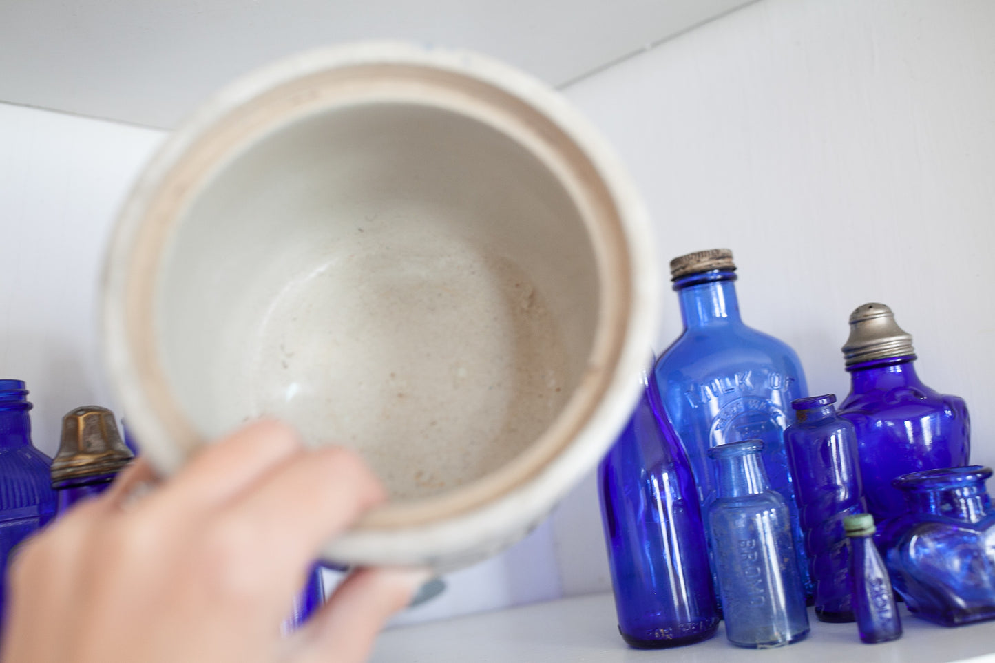 Antique Salt Crock - Salt Stone Bowl - Blue and White