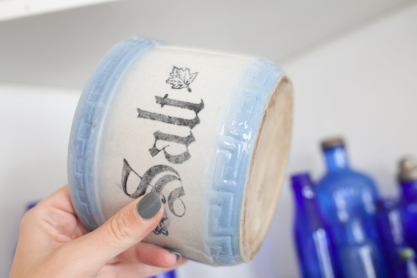 Antique Salt Crock - Salt Stone Bowl - Blue and White