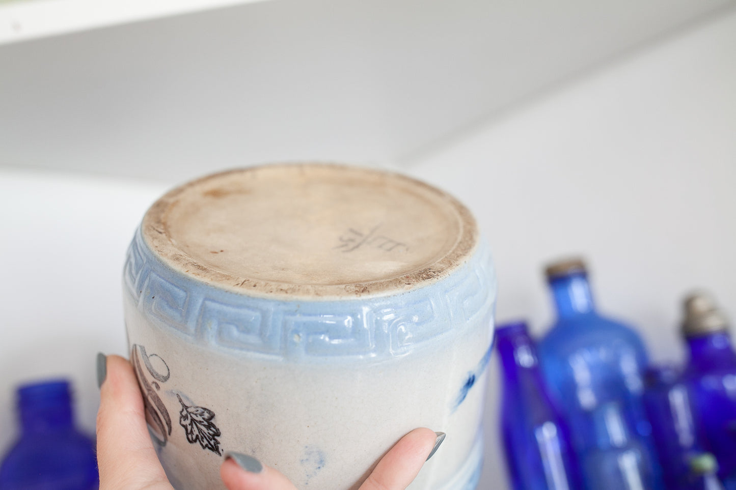 Antique Salt Crock - Salt Stone Bowl - Blue and White