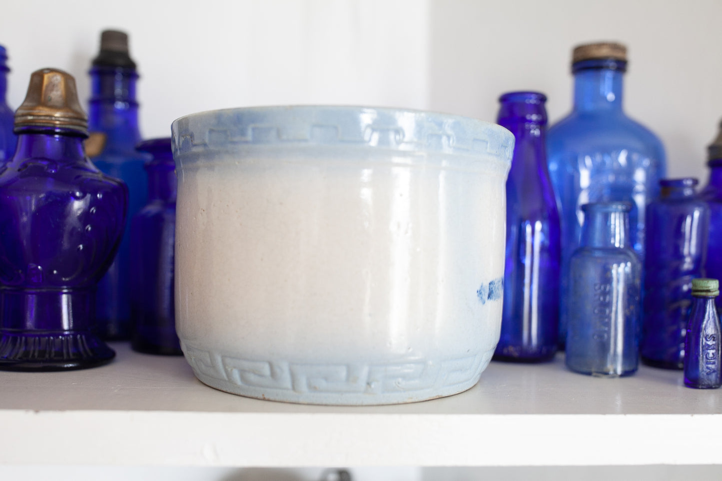 Antique Salt Crock - Salt Stone Bowl - Blue and White