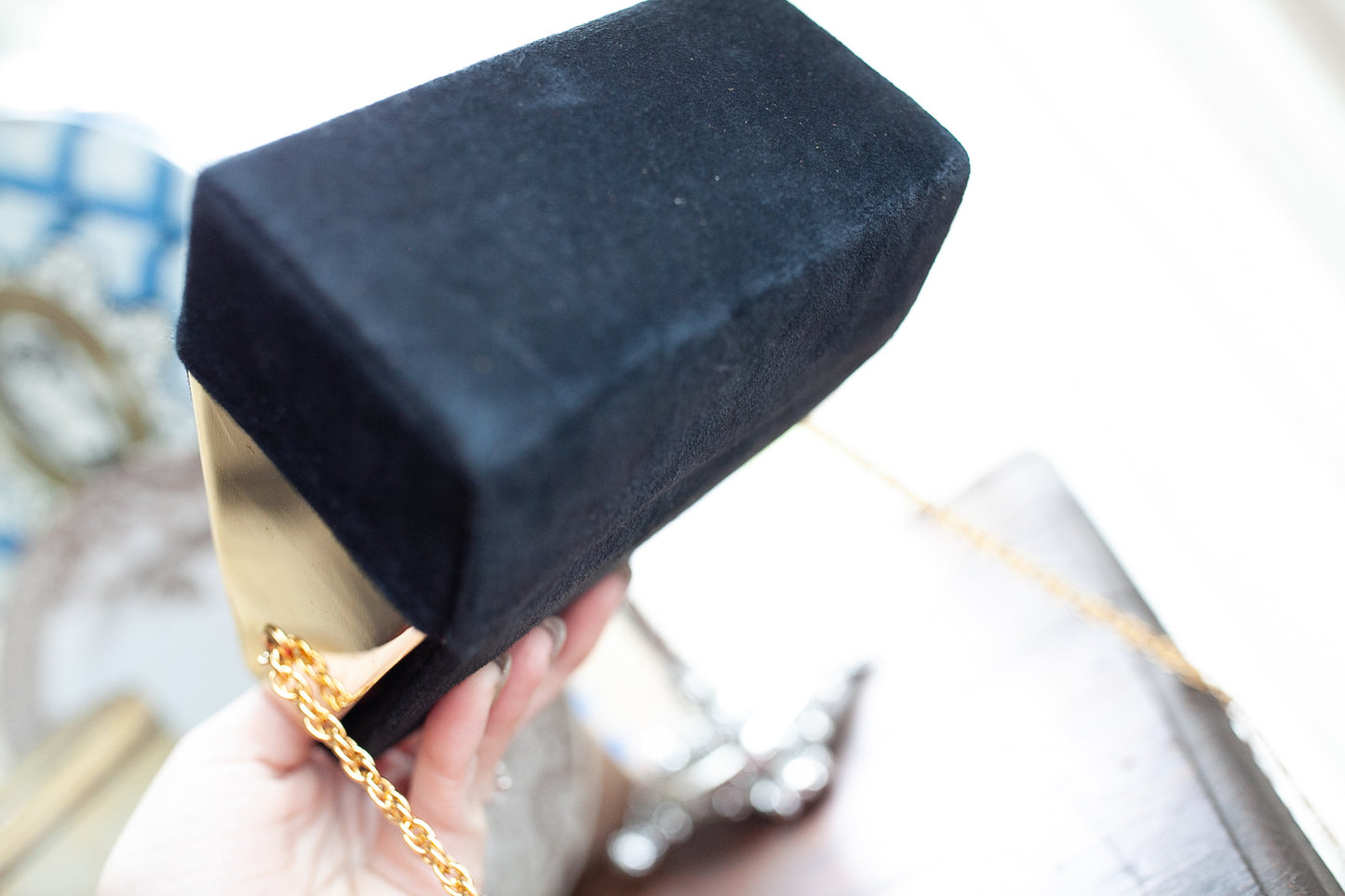 Vintage Evening Purse- Suede Black and Gold Purse