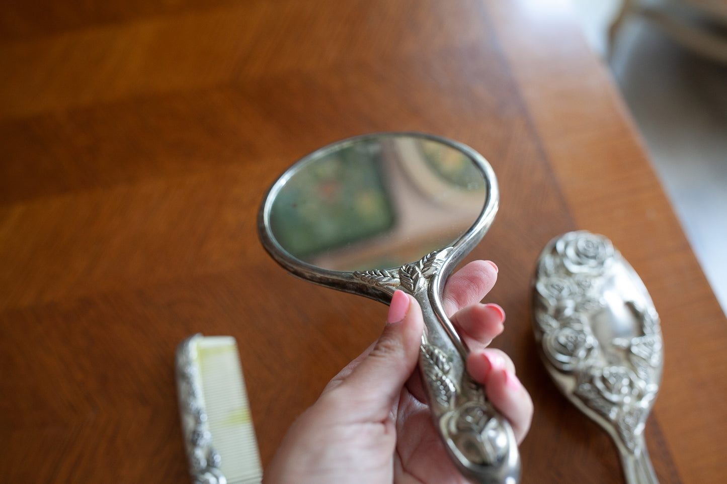 Vintage Mirror and Comb Set - Vanity Set - Silver hand mirror - Comb - Silver brush