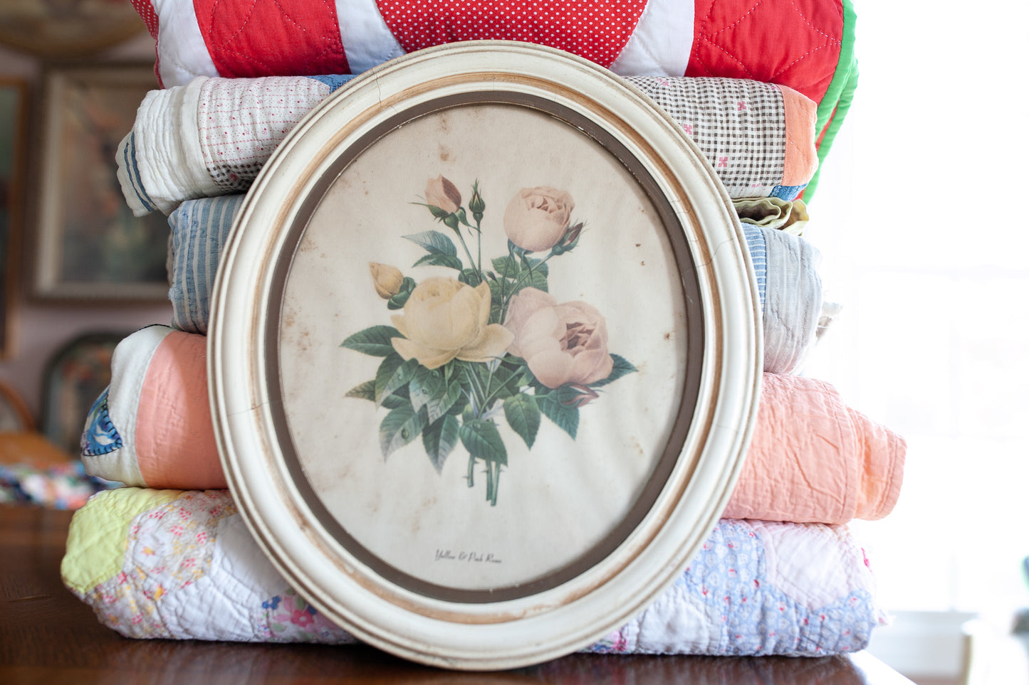 Vintage Floral Art- Rose Print- Yellow and Pink Roses- Oval Frame