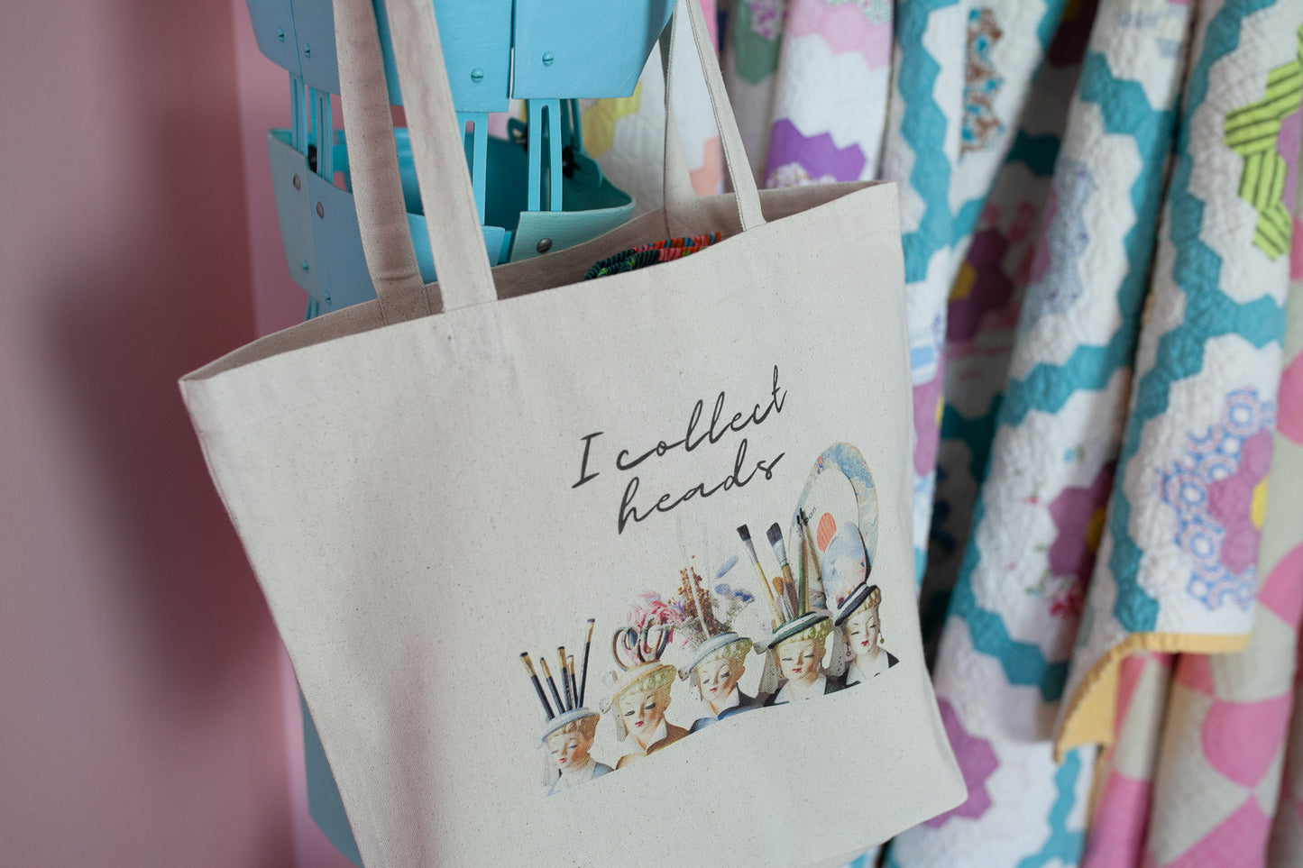 I collect Heads- Canvas Shopping Tote- Lady Head Vase Tote - Shopping Bag