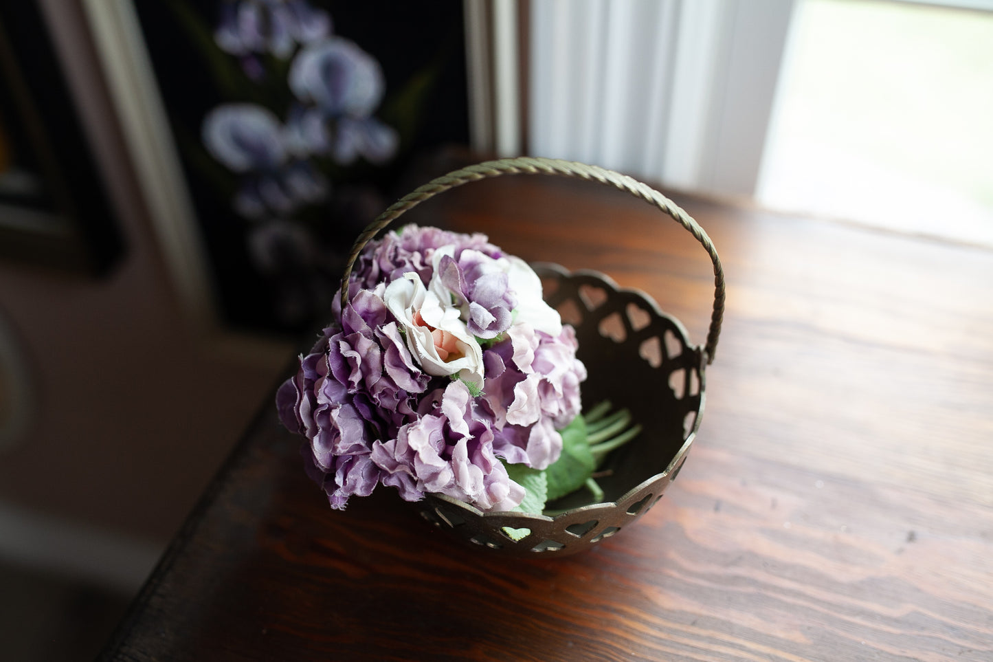 Heart Brass Basket- Purple flowers