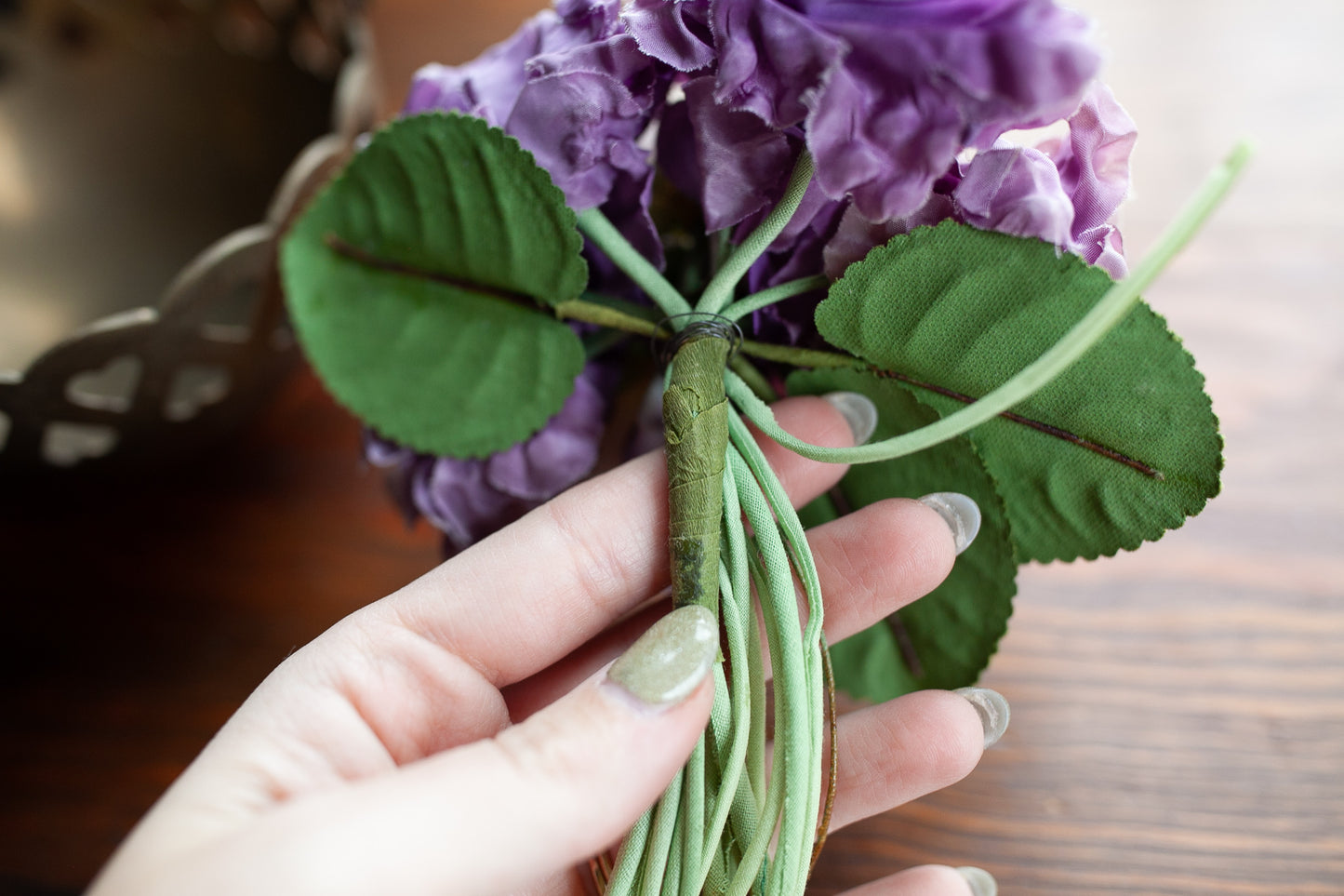 Heart Brass Basket- Purple flowers