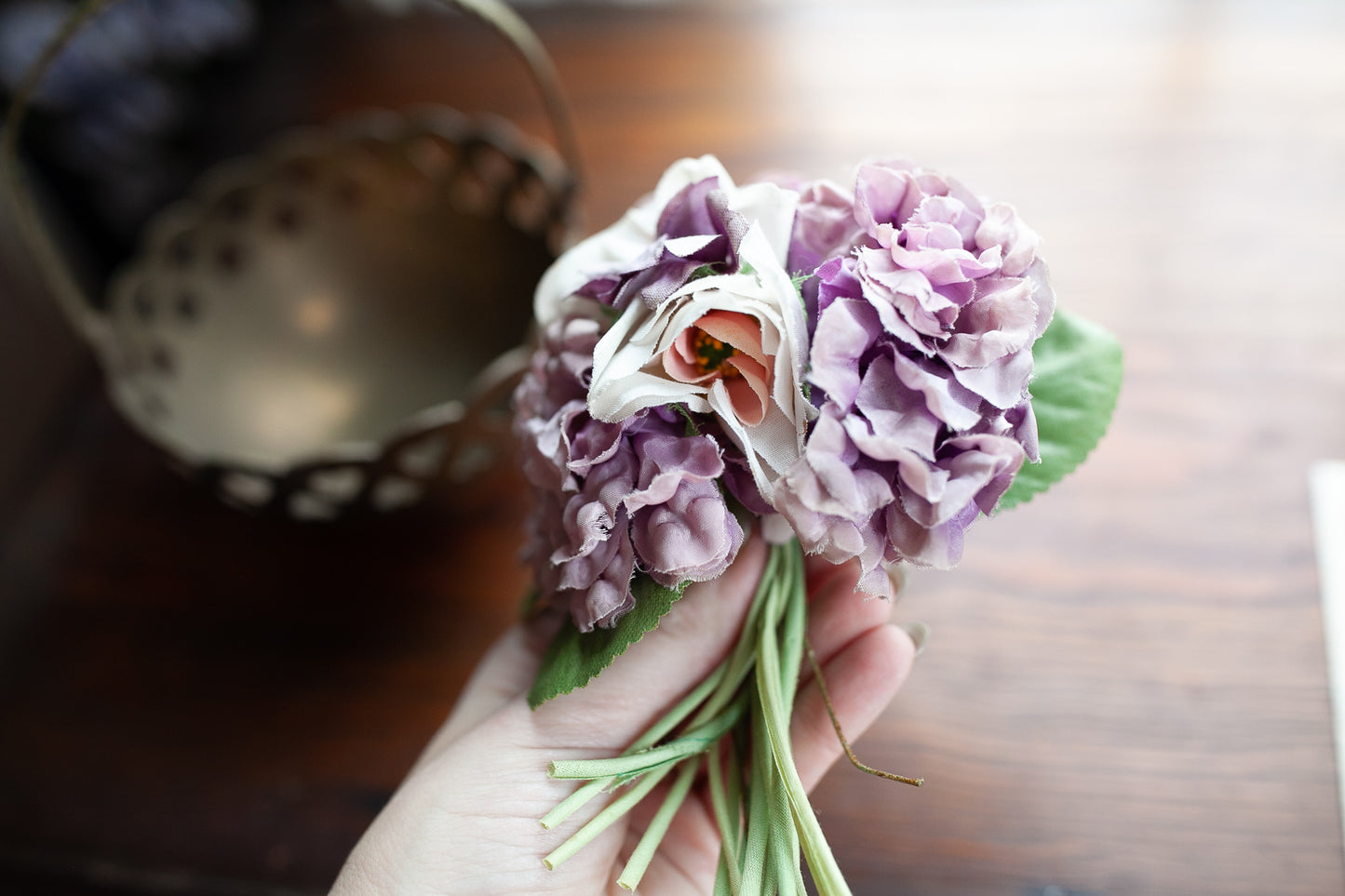 Heart Brass Basket- Purple flowers