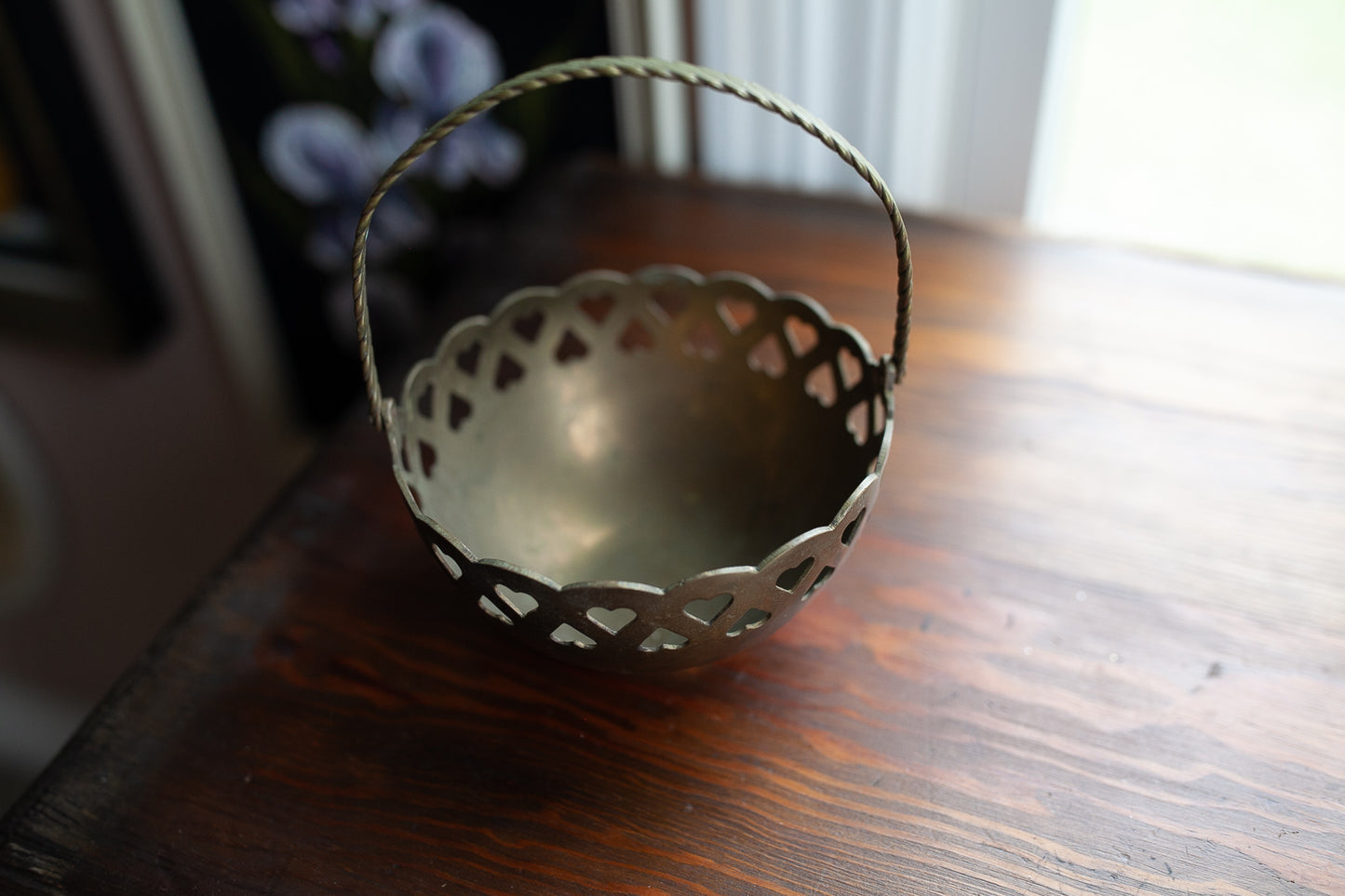 Heart Brass Basket- Purple flowers