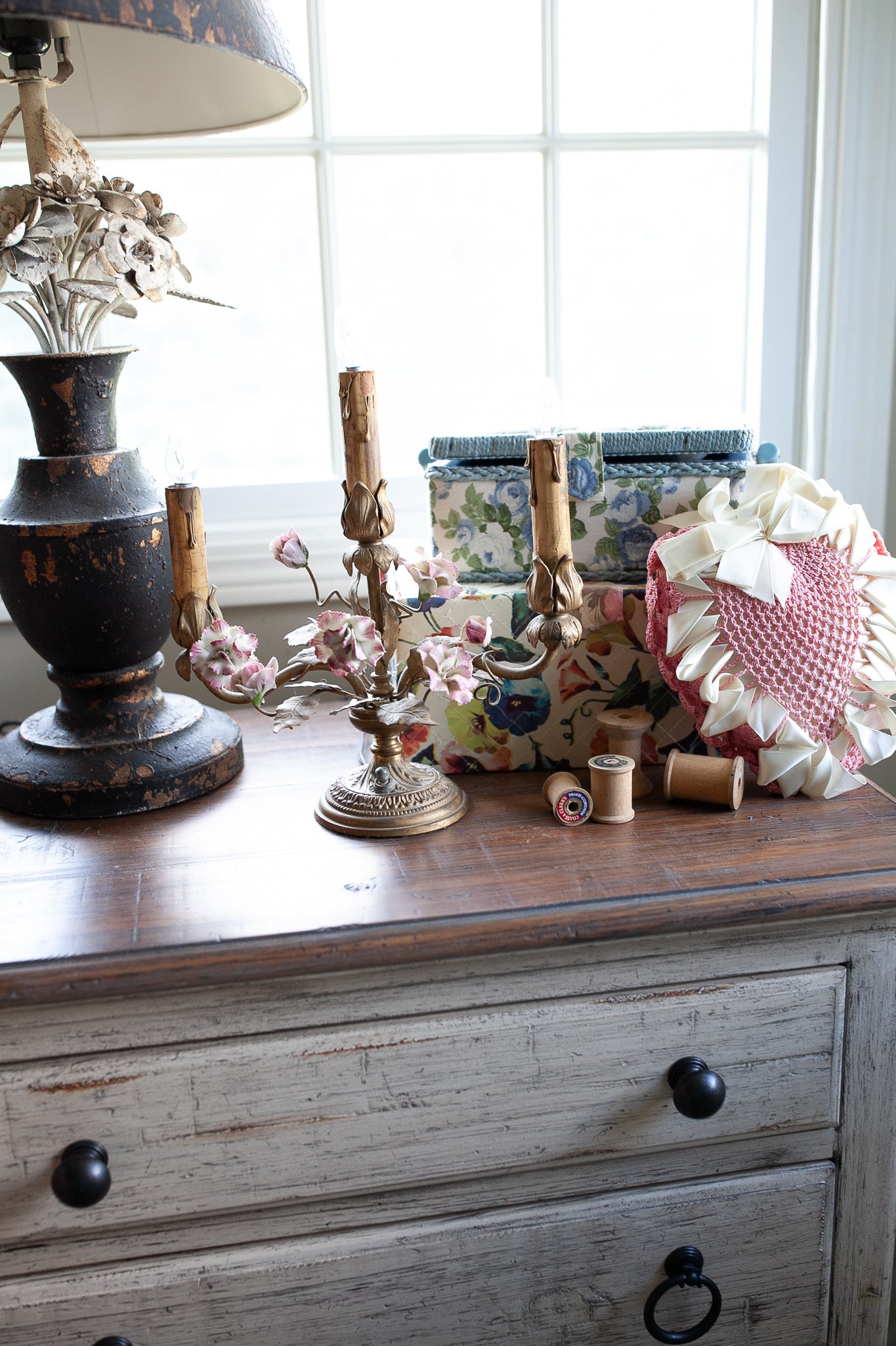 Vintage Heart Pincushion -Crocheted Heart and Satin Heart - Pink Heart