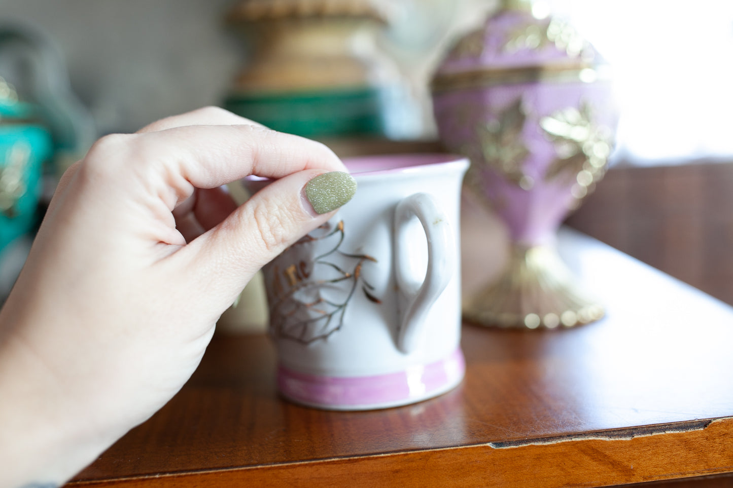 Antique German Cup - Think of Me - Pink and Gold