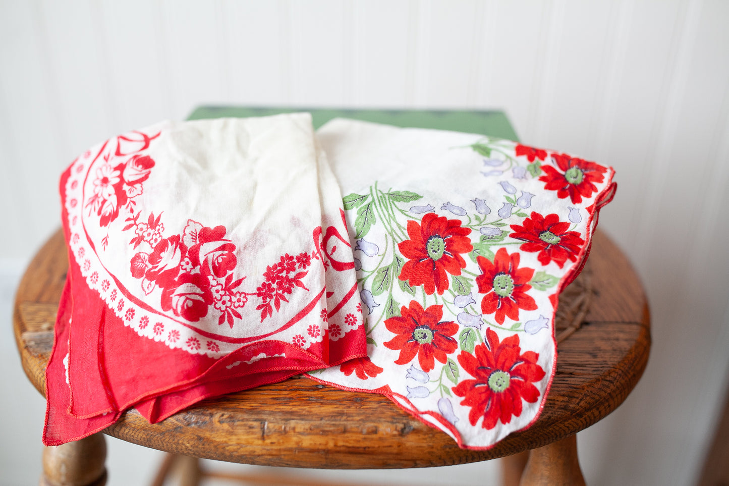 Vintage Hankies - 2 Red Hankies -Floral - Red Flowers