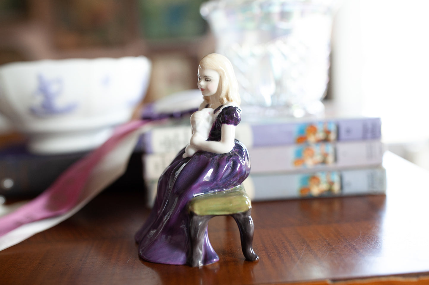 Vintage Royal Doulton Affection Figurine - Girl in Purple holding a bunny