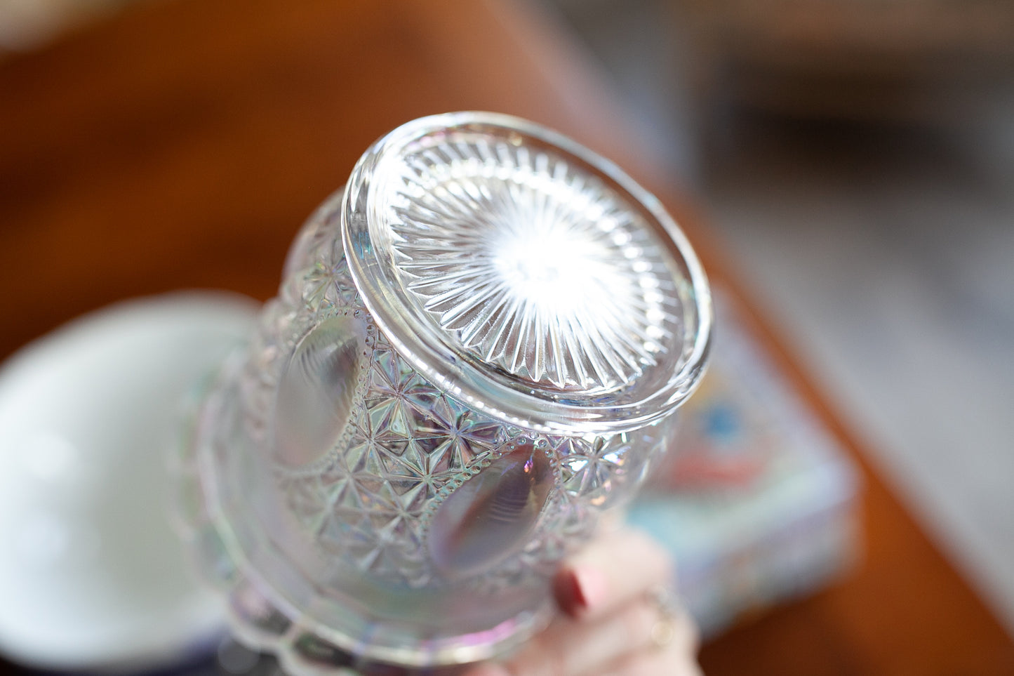 Vintage Imperial Glass Candy dish Bowl with lid- Lidded Jar- Opalescent - Irridescent glass