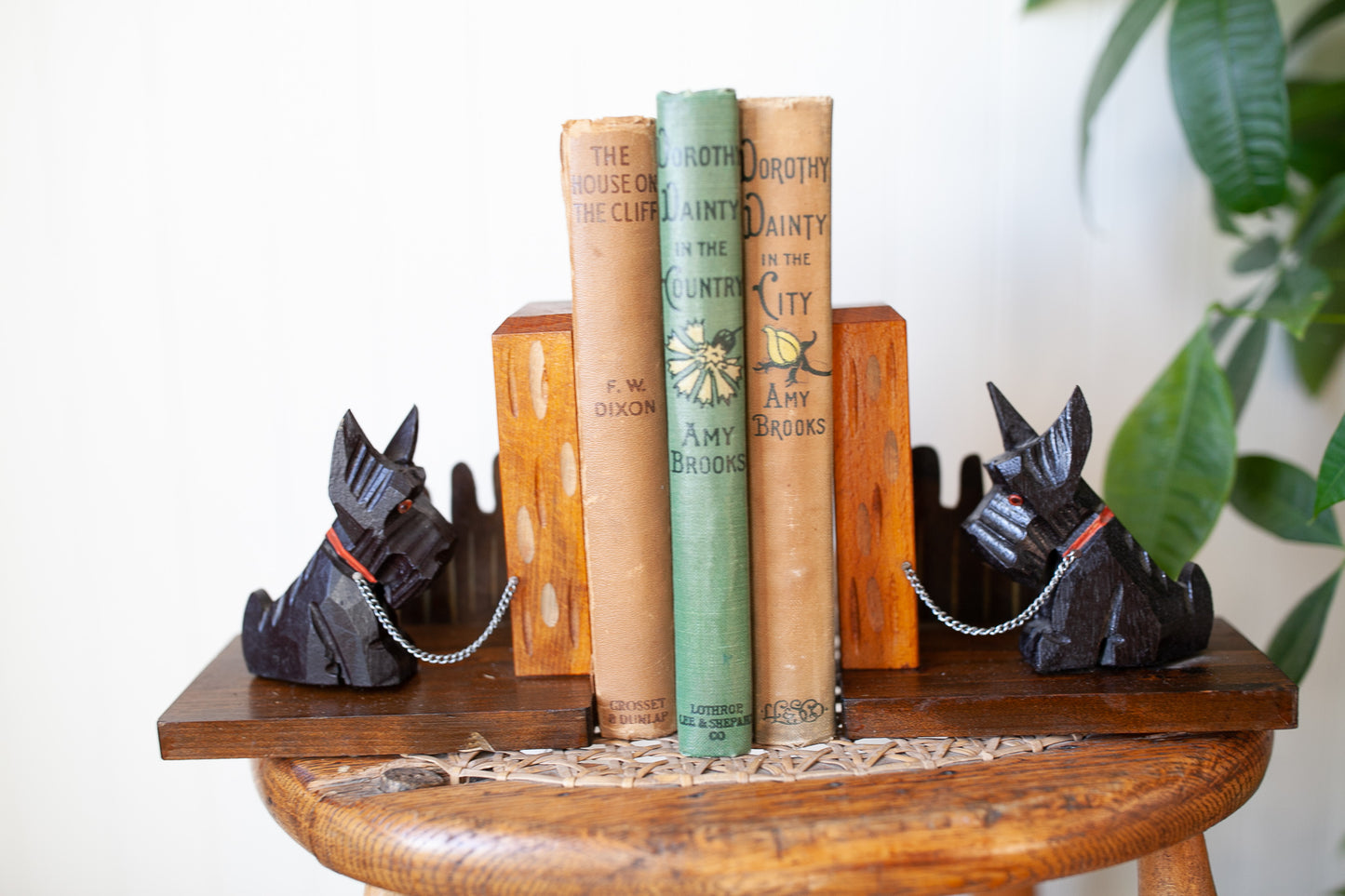 Vintage Scottie Bookends- Dog Bookends- Vintage Hand Carved Wooden Scottie Bookends Chained Hand Painted