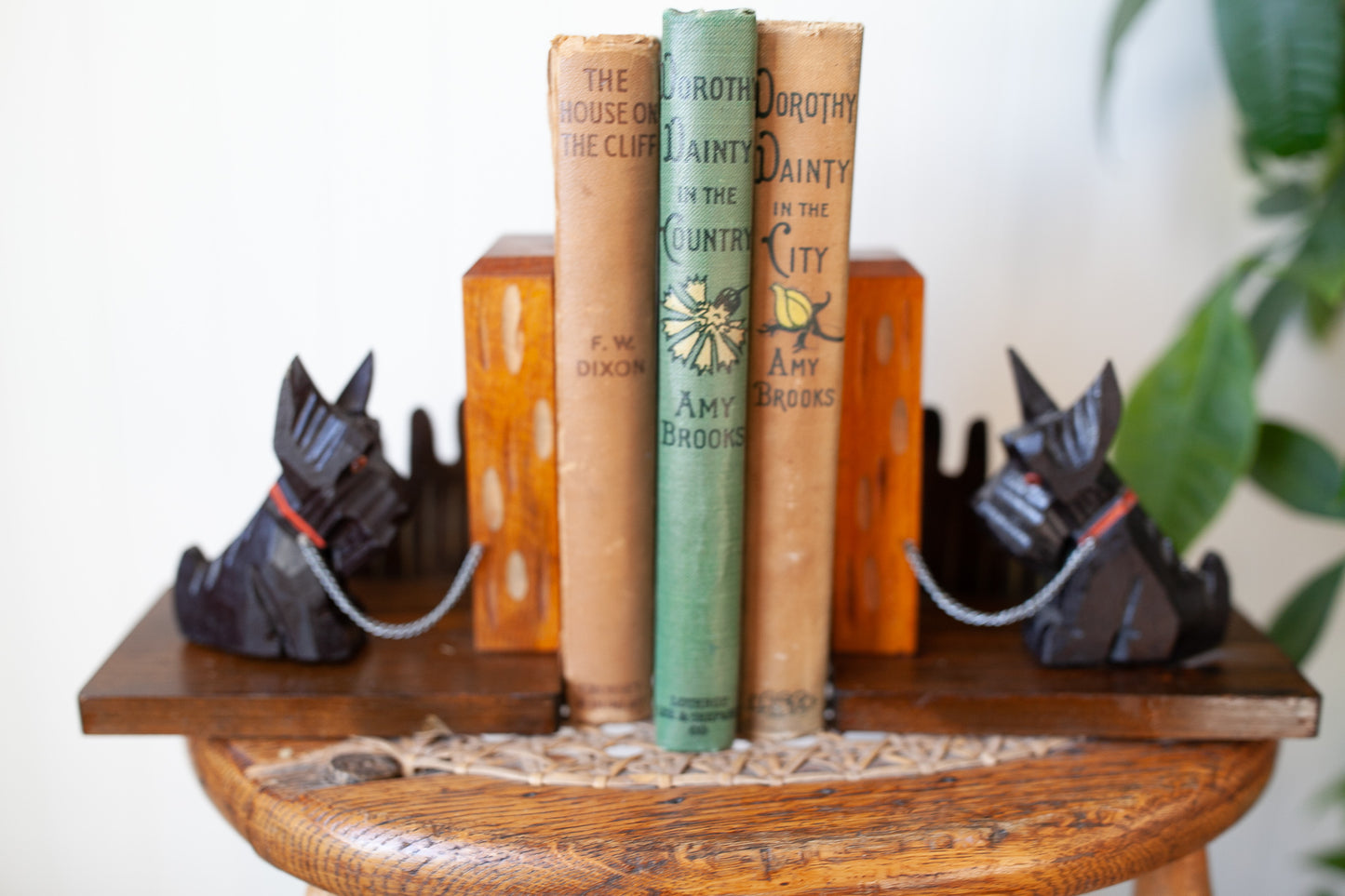 Vintage Scottie Bookends- Dog Bookends- Vintage Hand Carved Wooden Scottie Bookends Chained Hand Painted