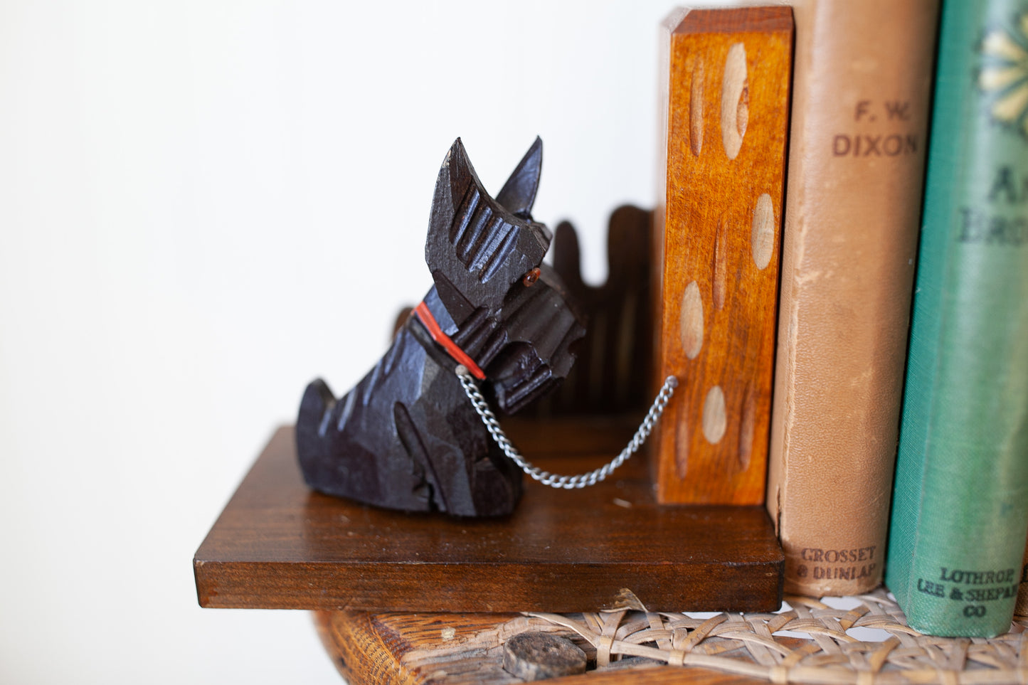Vintage Scottie Bookends- Dog Bookends- Vintage Hand Carved Wooden Scottie Bookends Chained Hand Painted