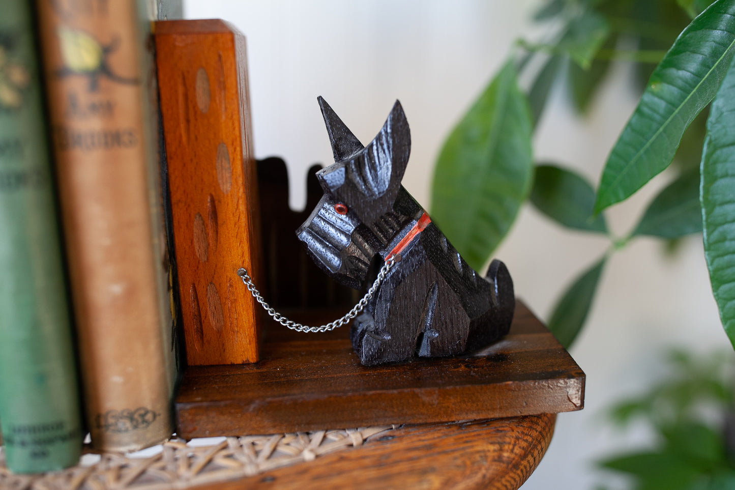 Vintage Scottie Bookends- Dog Bookends- Vintage Hand Carved Wooden Scottie Bookends Chained Hand Painted