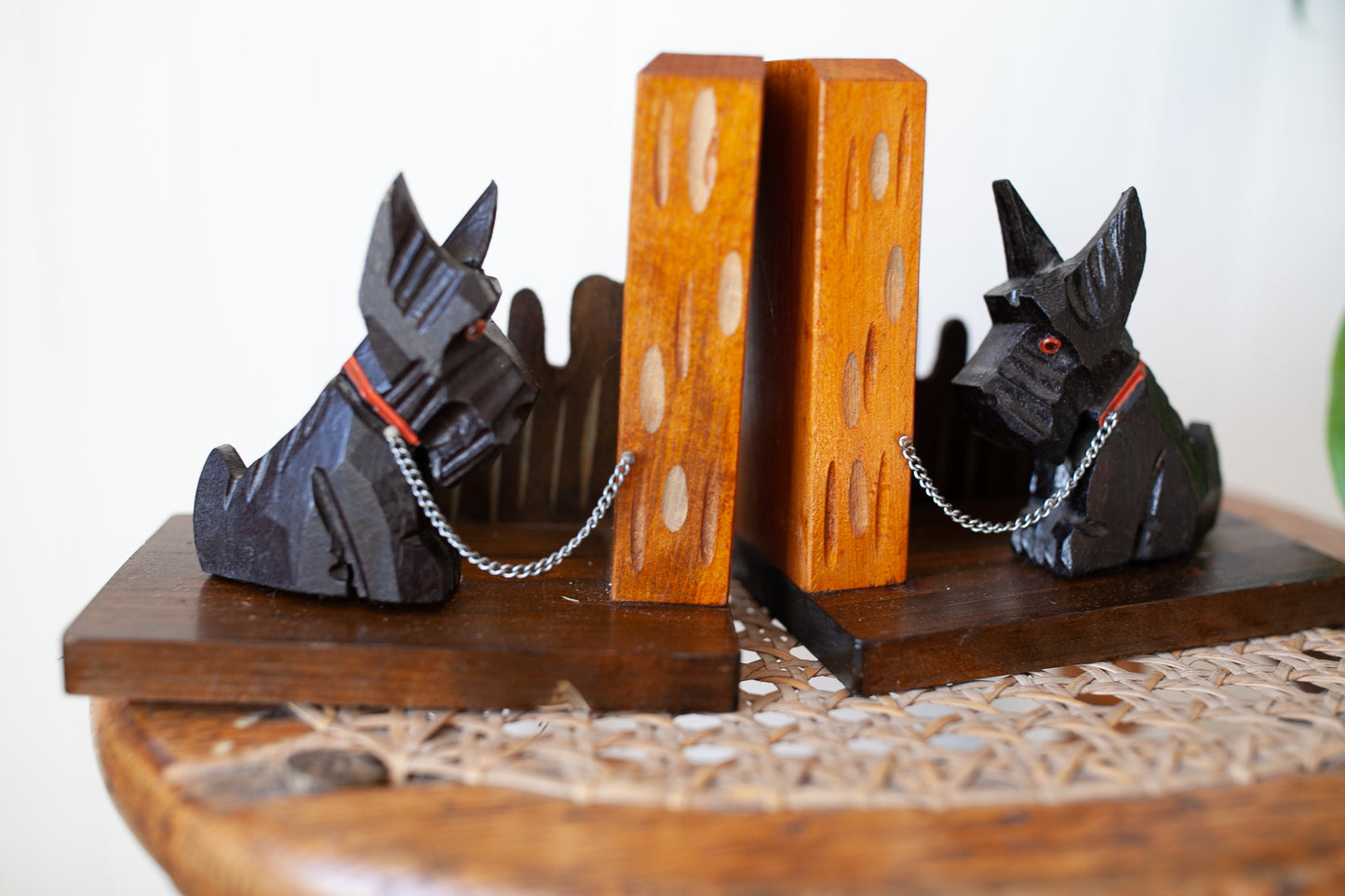 Vintage Scottie Bookends- Dog Bookends- Vintage Hand Carved Wooden Scottie Bookends Chained Hand Painted