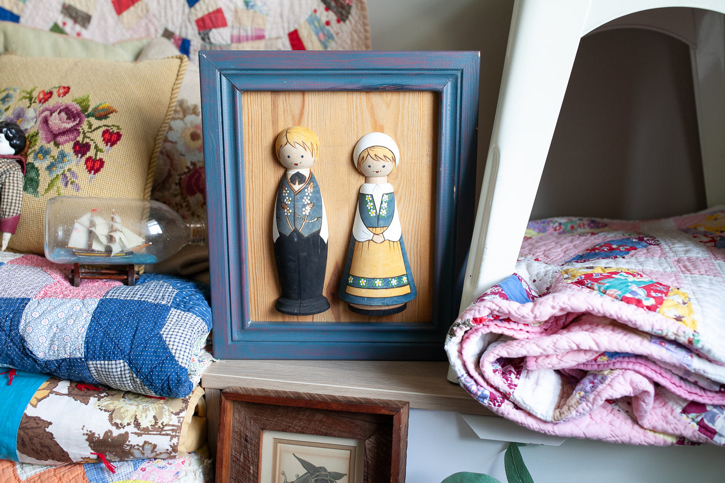 Vintage Framed Art - Pilgrim Artwork -Wooden- Swedish Wooden Figures