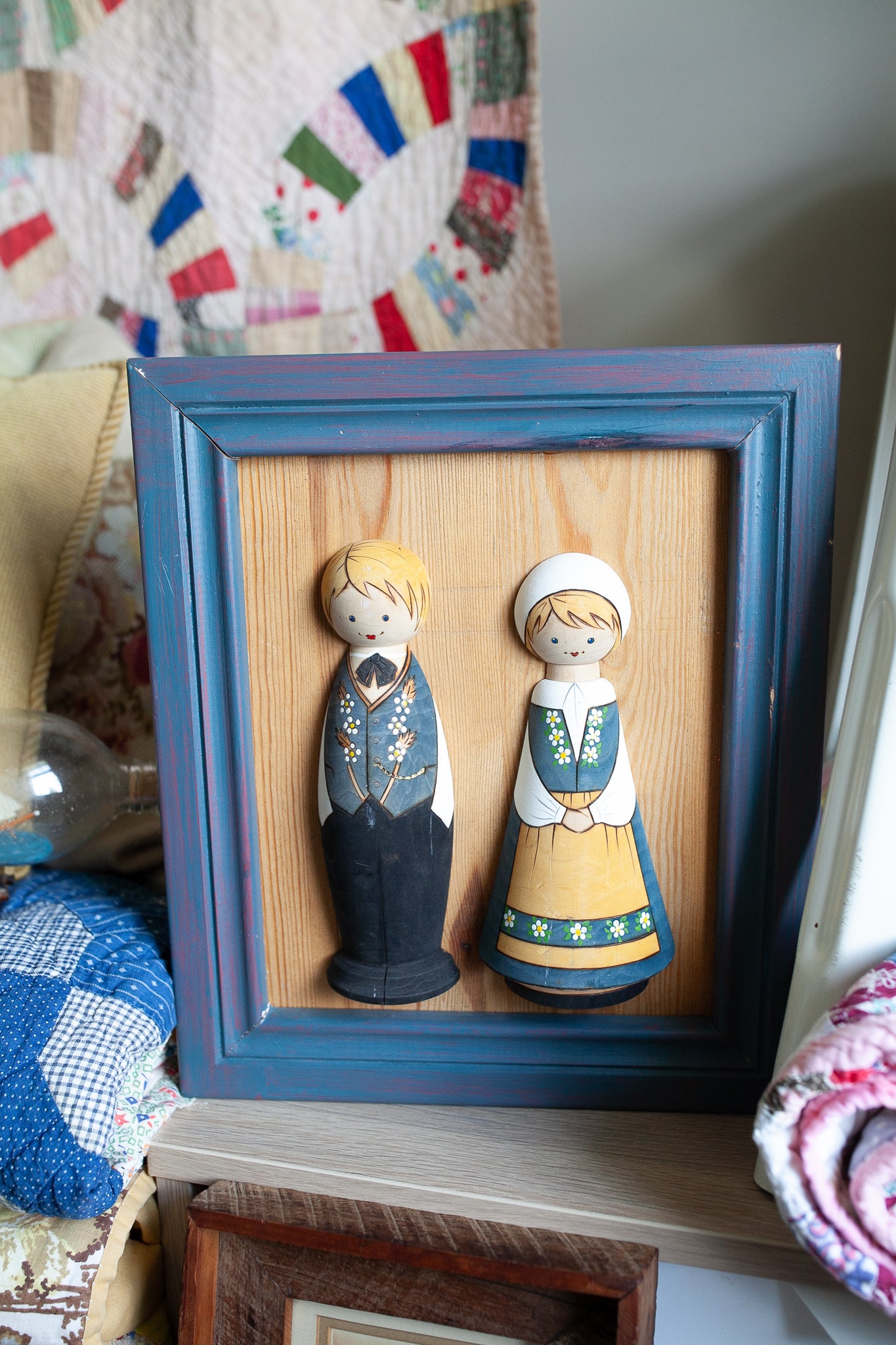 Vintage Framed Art - Pilgrim Artwork -Wooden- Swedish Wooden Figures