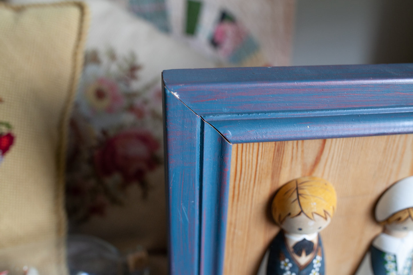 Vintage Framed Art - Pilgrim Artwork -Wooden- Swedish Wooden Figures