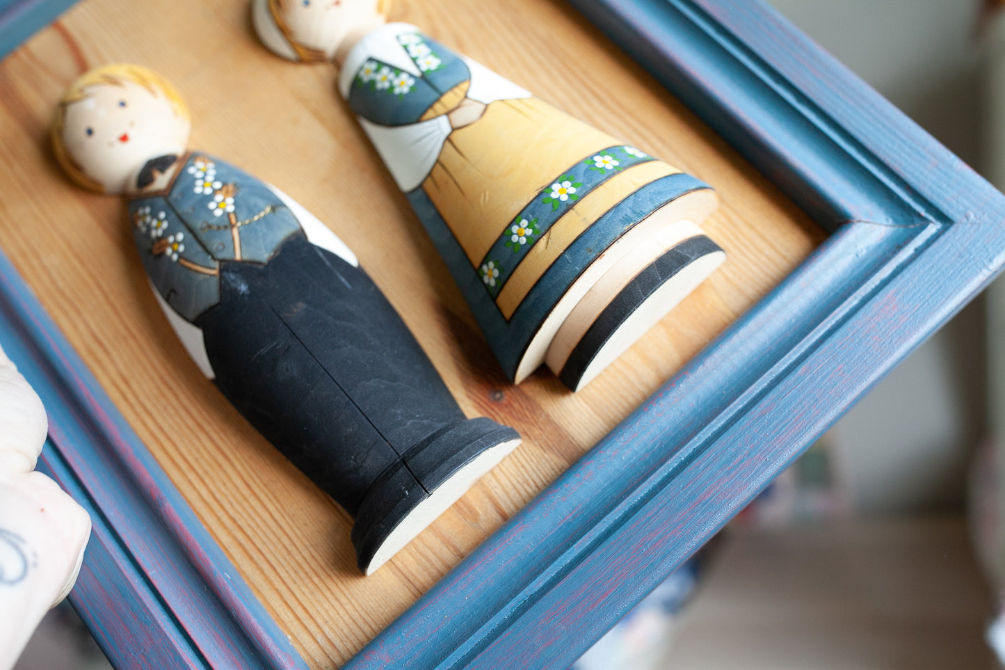 Vintage Framed Art - Pilgrim Artwork -Wooden- Swedish Wooden Figures