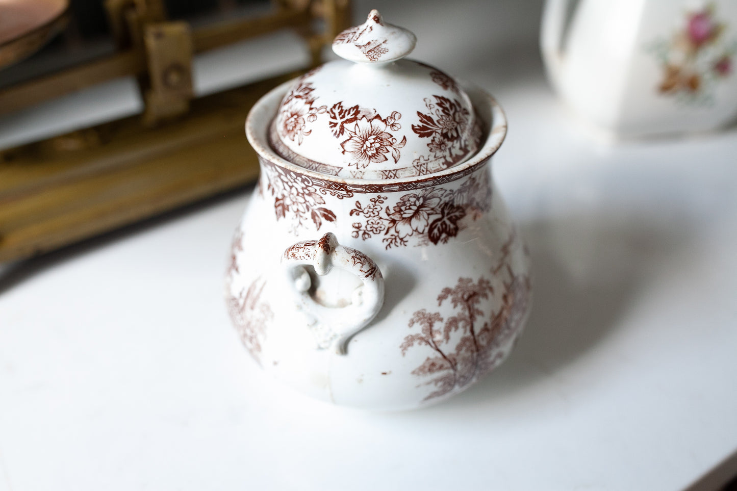 Vintage Sugar Bowl - Brown Transferware