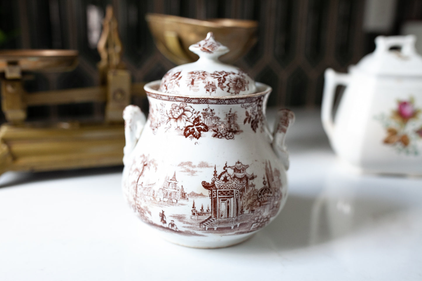 Vintage Sugar Bowl - Brown Transferware