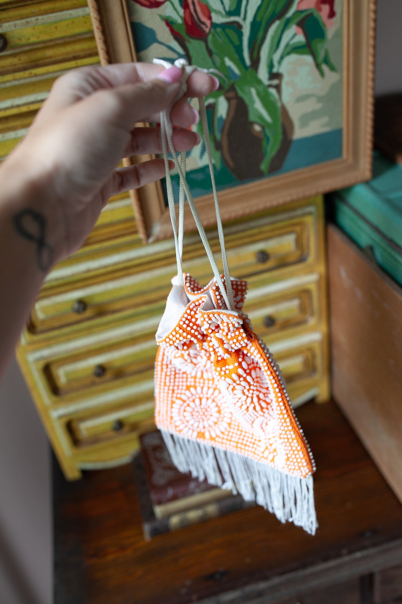 Vintage Beaded Purse - Orange and White Purse - Drawstring Purse