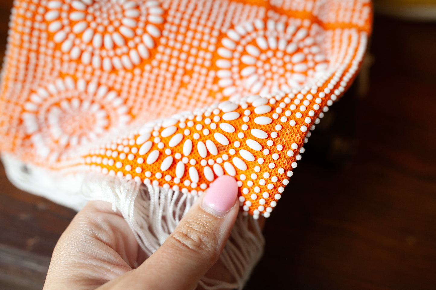 Vintage Beaded Purse - Orange and White Purse - Drawstring Purse