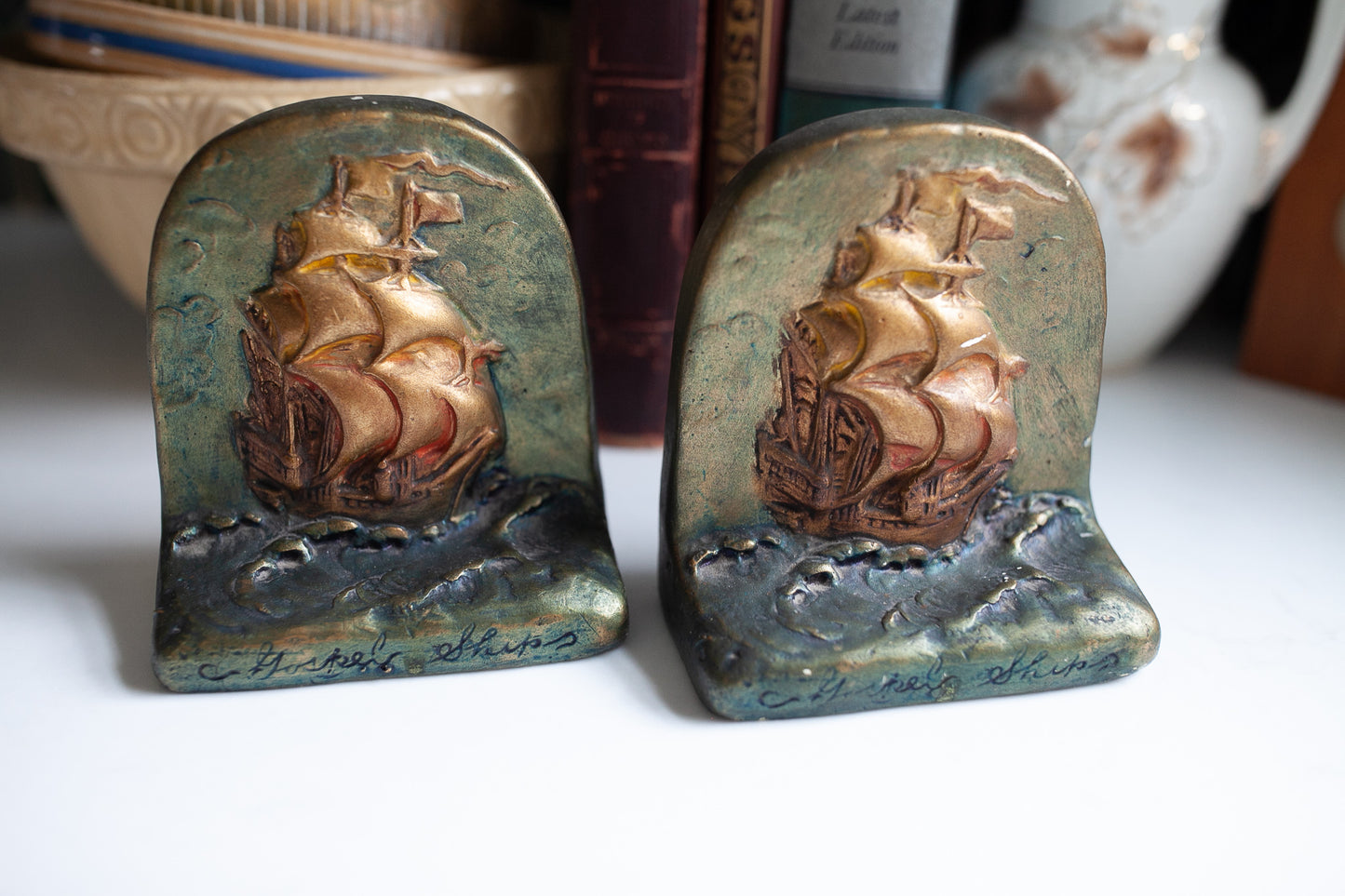 Nautical Bookends- Vintage Bookend- Ships
