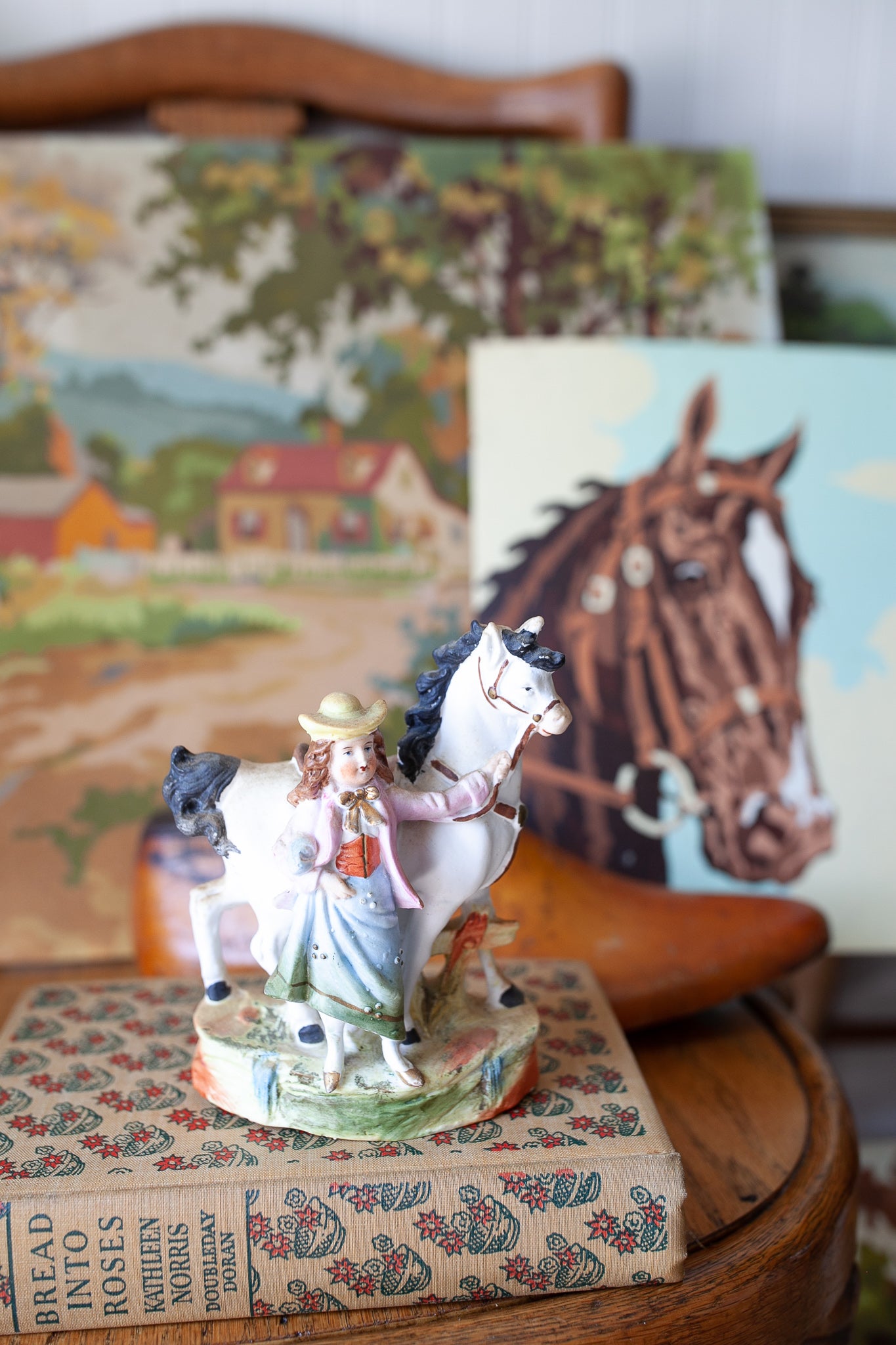 Antique Bisque Girl and Horse Figurine- Bud Vase All Bisque