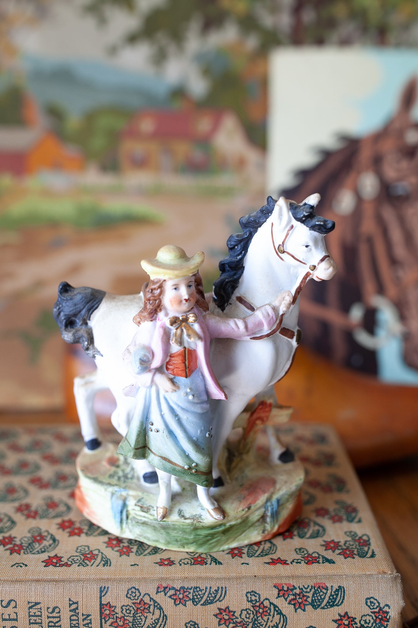 Antique Bisque Girl and Horse Figurine- Bud Vase All Bisque