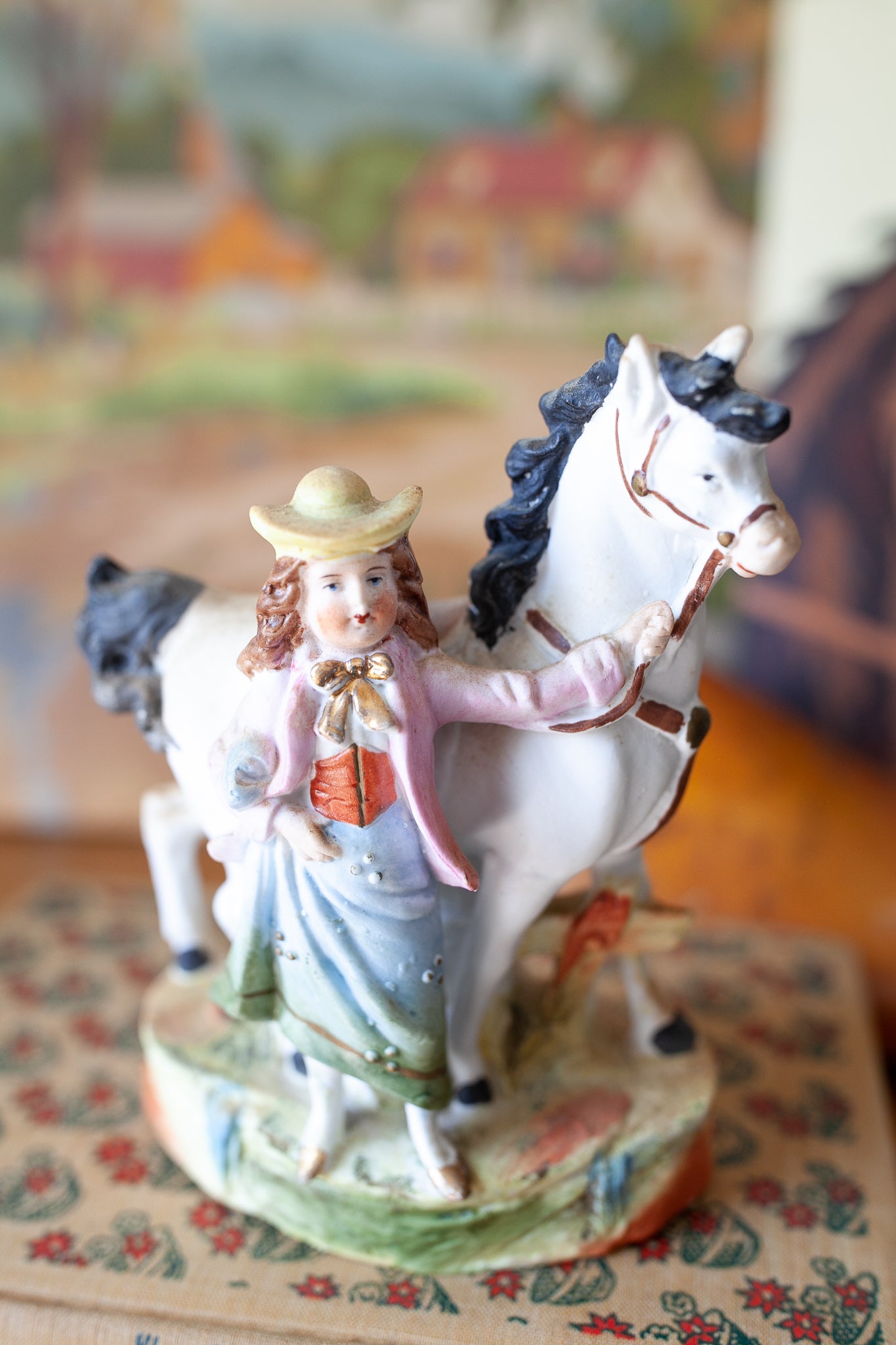 Antique Bisque Girl and Horse Figurine- Bud Vase All Bisque