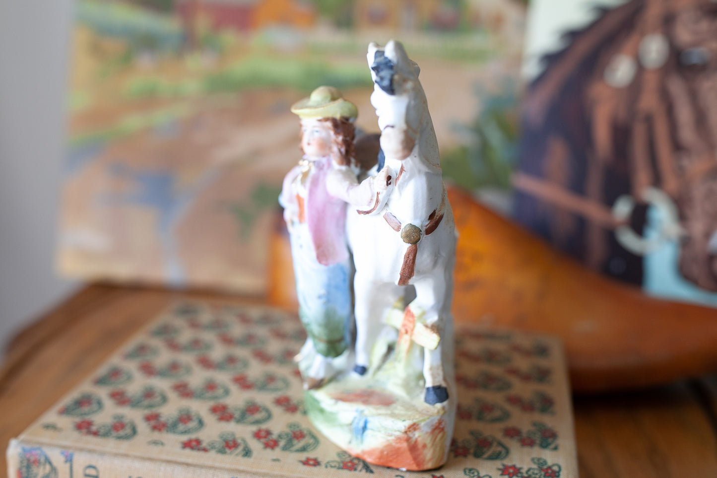 Antique Bisque Girl and Horse Figurine- Bud Vase All Bisque