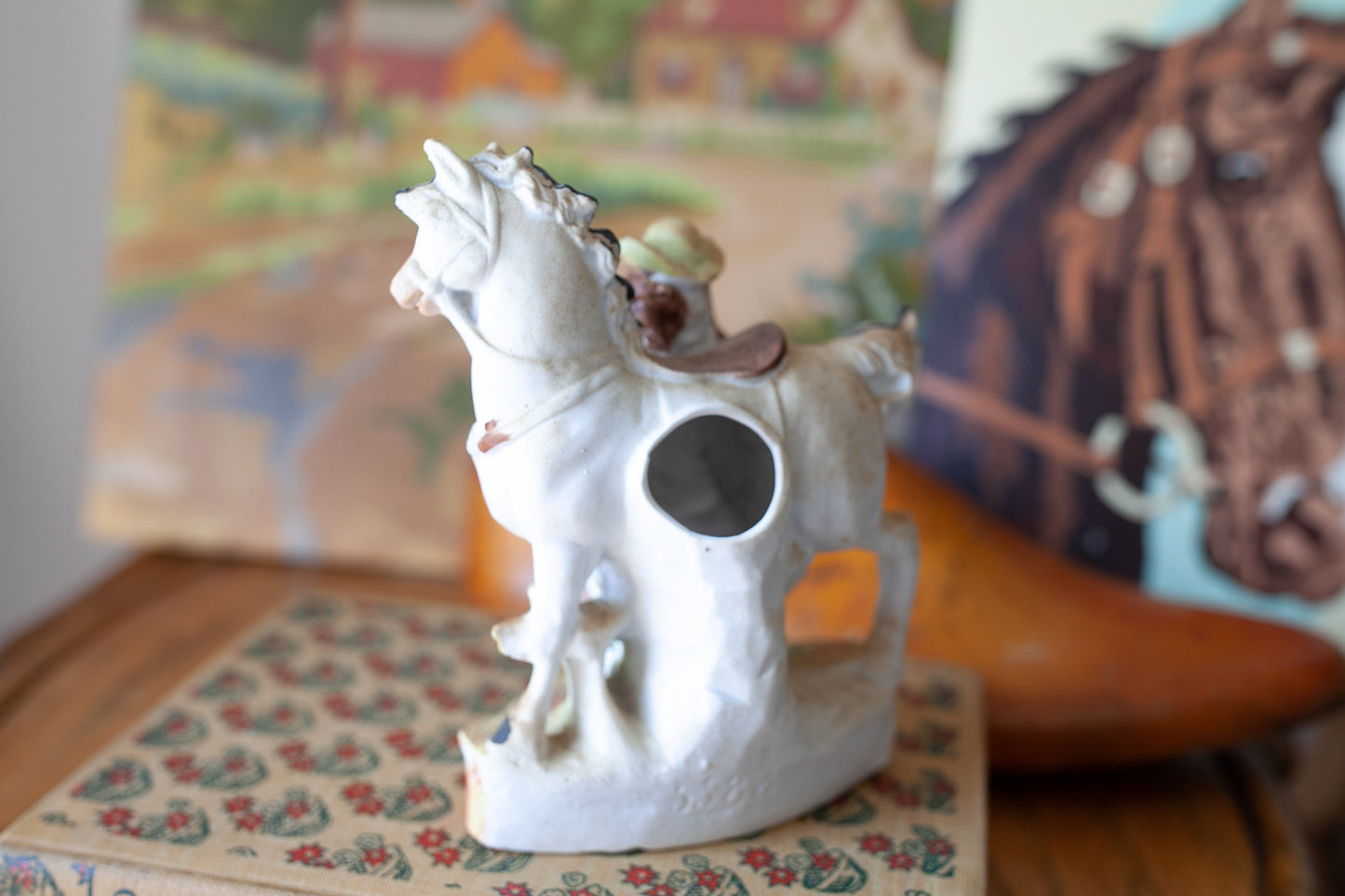 Antique Bisque Girl and Horse Figurine- Bud Vase All Bisque