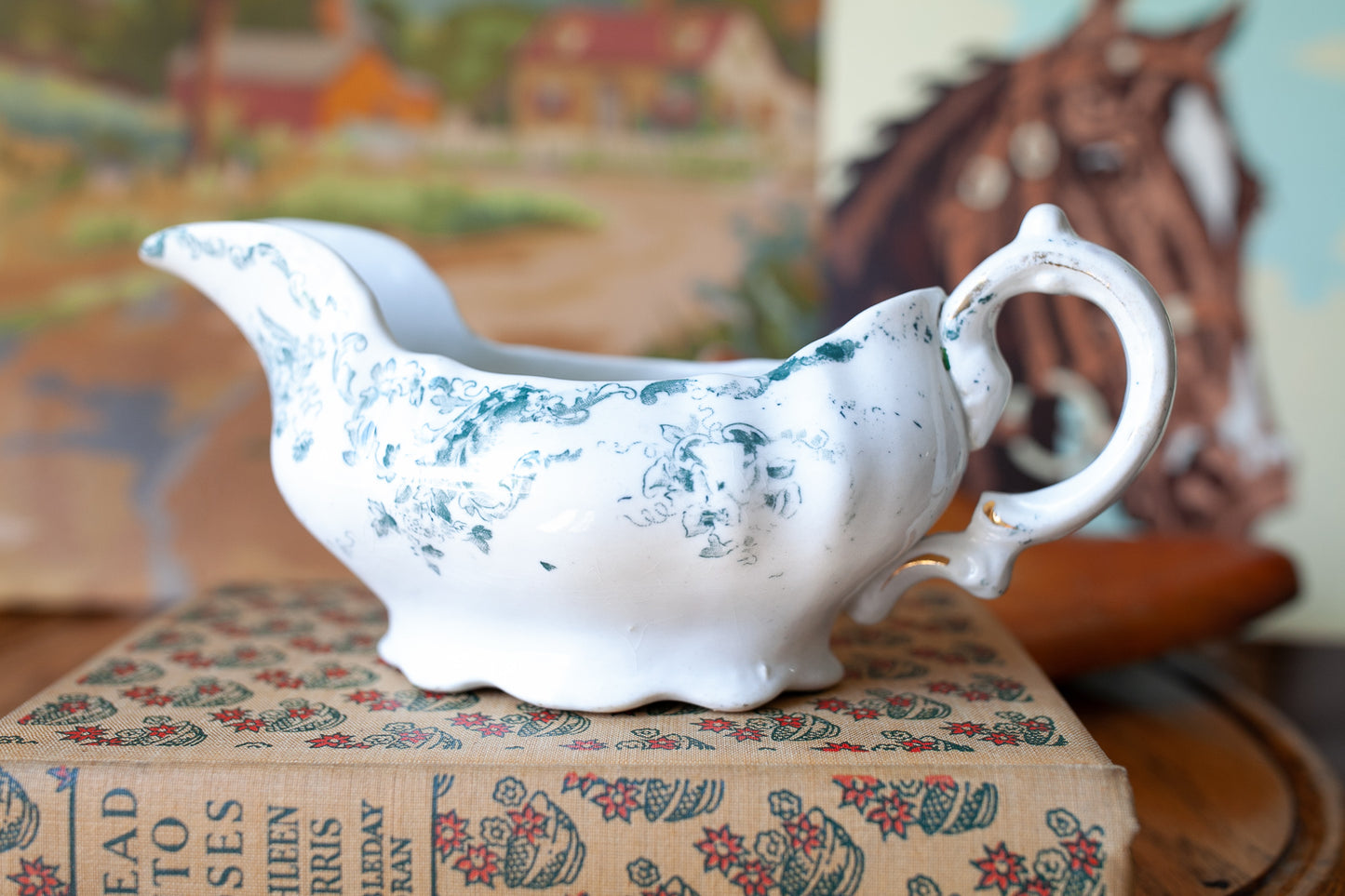 Vintage Gravy Boat - Green and White Transferware