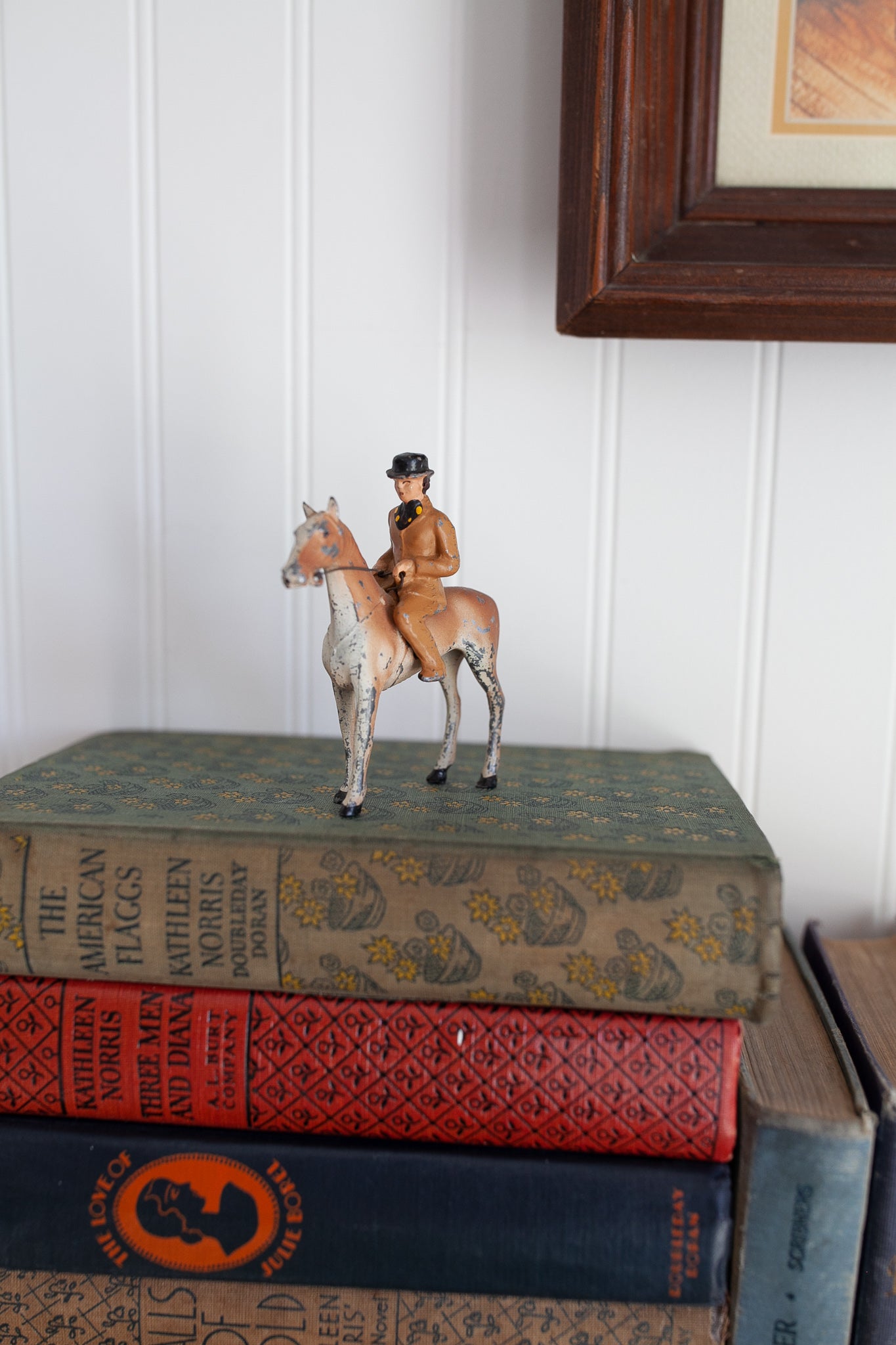 Vintage Cast Iron Lead Painted Horse &Jockey Childs Play Toy Figure - 3.5" tall