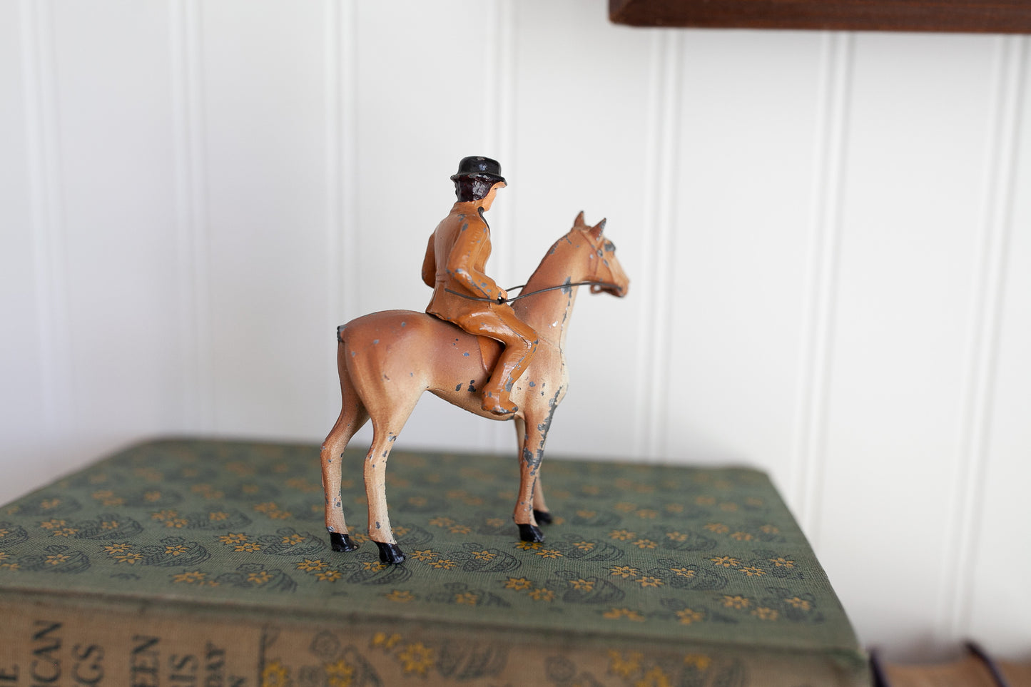 Vintage Cast Iron Lead Painted Horse &Jockey Childs Play Toy Figure - 3.5" tall