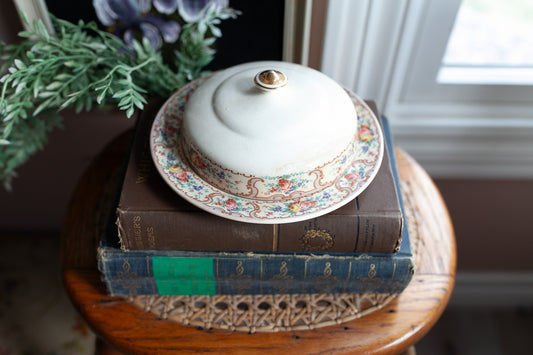 Vintage Stained Rustic Round Butter Dish with Cover and butter plate with a floral design-