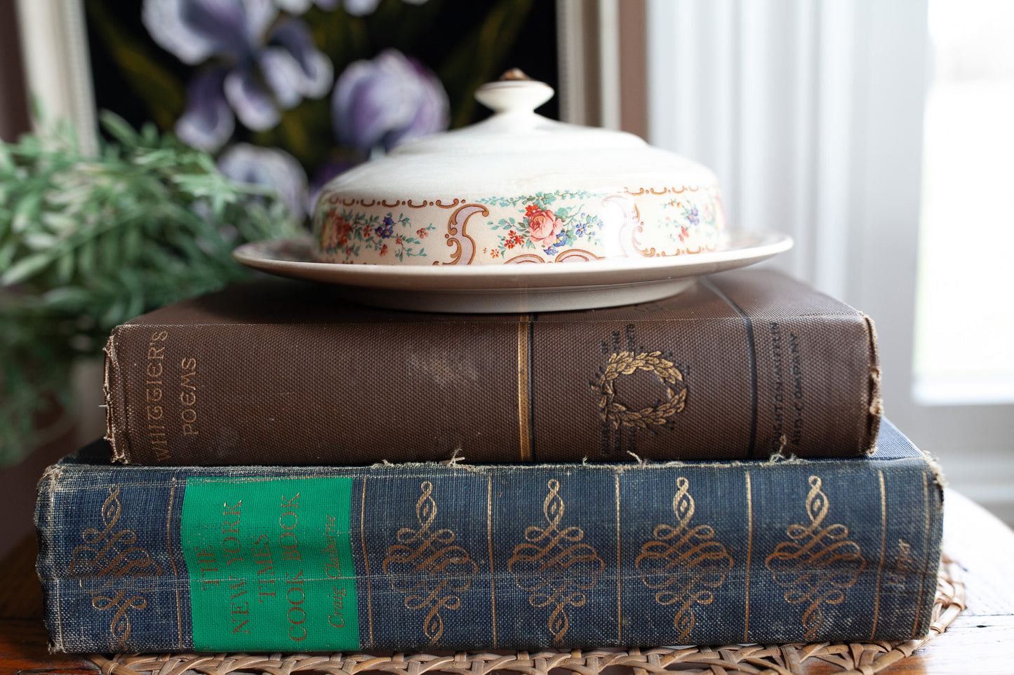 Vintage Stained Rustic Round Butter Dish with Cover and butter plate with a floral design-