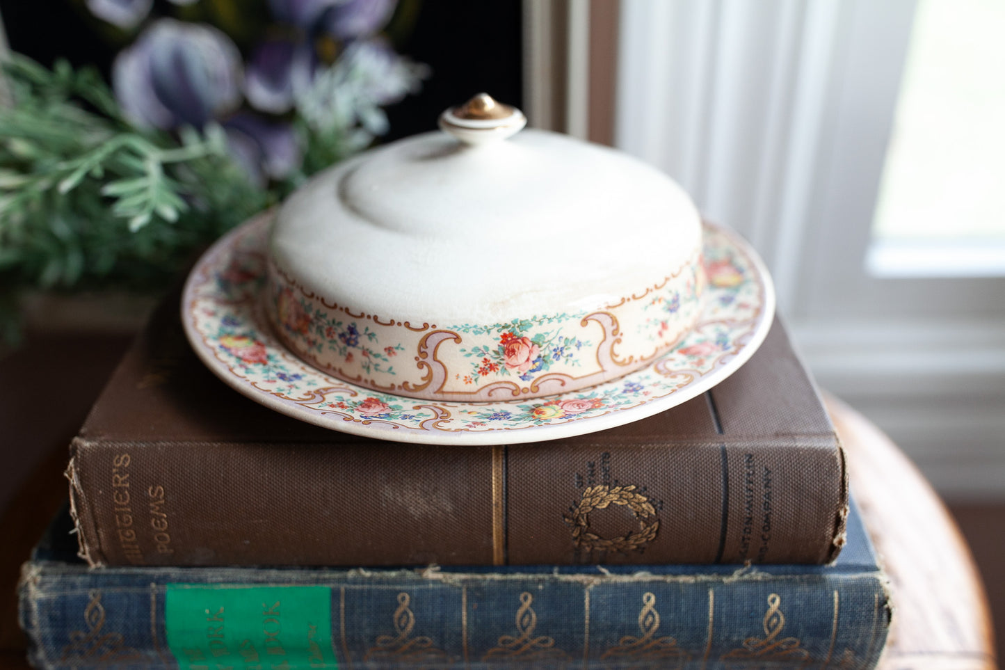 Vintage Stained Rustic Round Butter Dish with Cover and butter plate with a floral design-